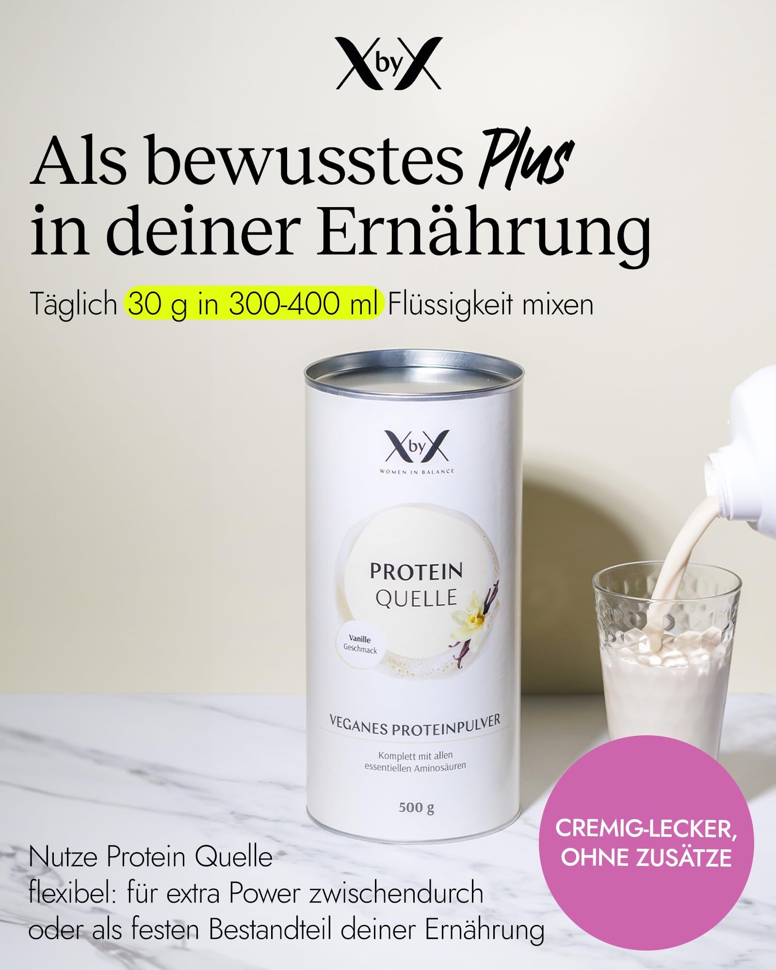 XbyX Protein Quelle 500 g - Neutraler Geschmack - 20 g Protein pro Portion - aus Favabohne, Reis & Kichererbse - komplettes Aminosäureprofil - vegan