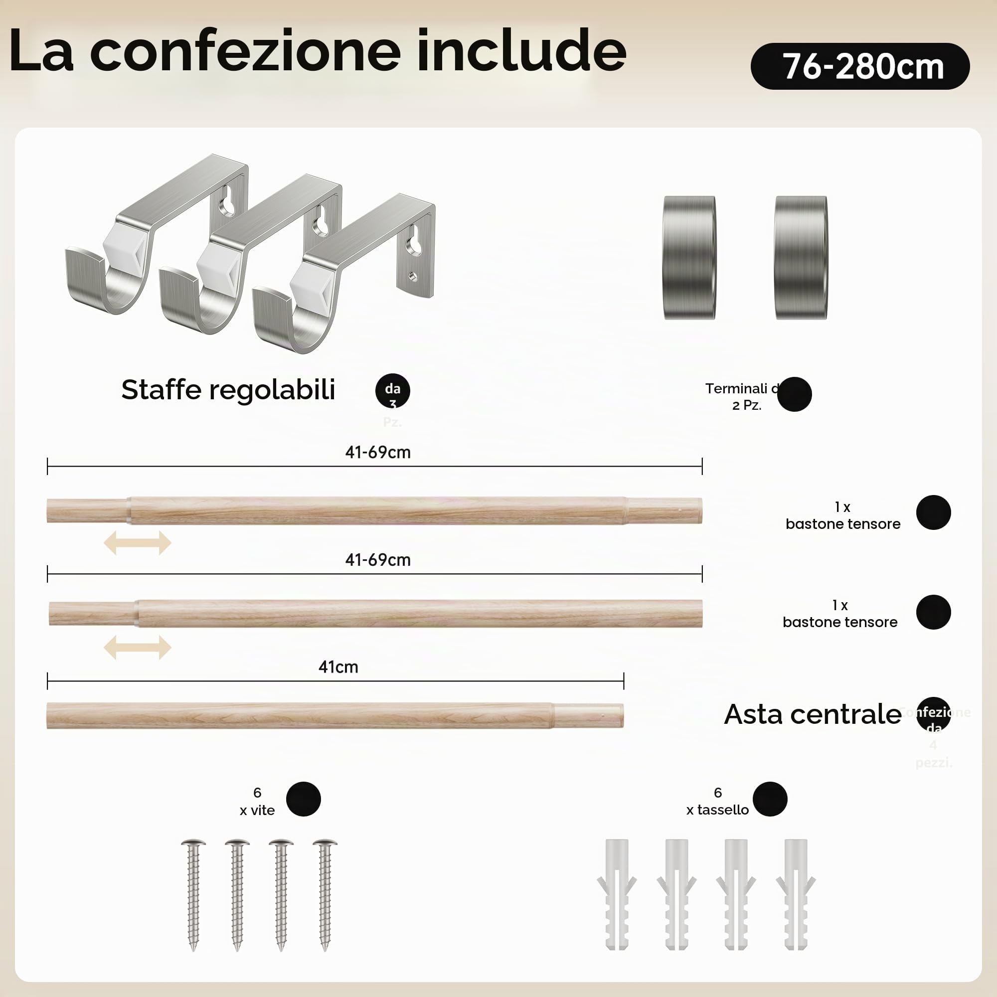 Bastoni per tende estensibili 76-280 cm, nuovo modello aggiornato diametro 19 mm asta per tende effetto legno con terminali finali per tende ad occhielli, bastoni decorativi per finestre per camera da