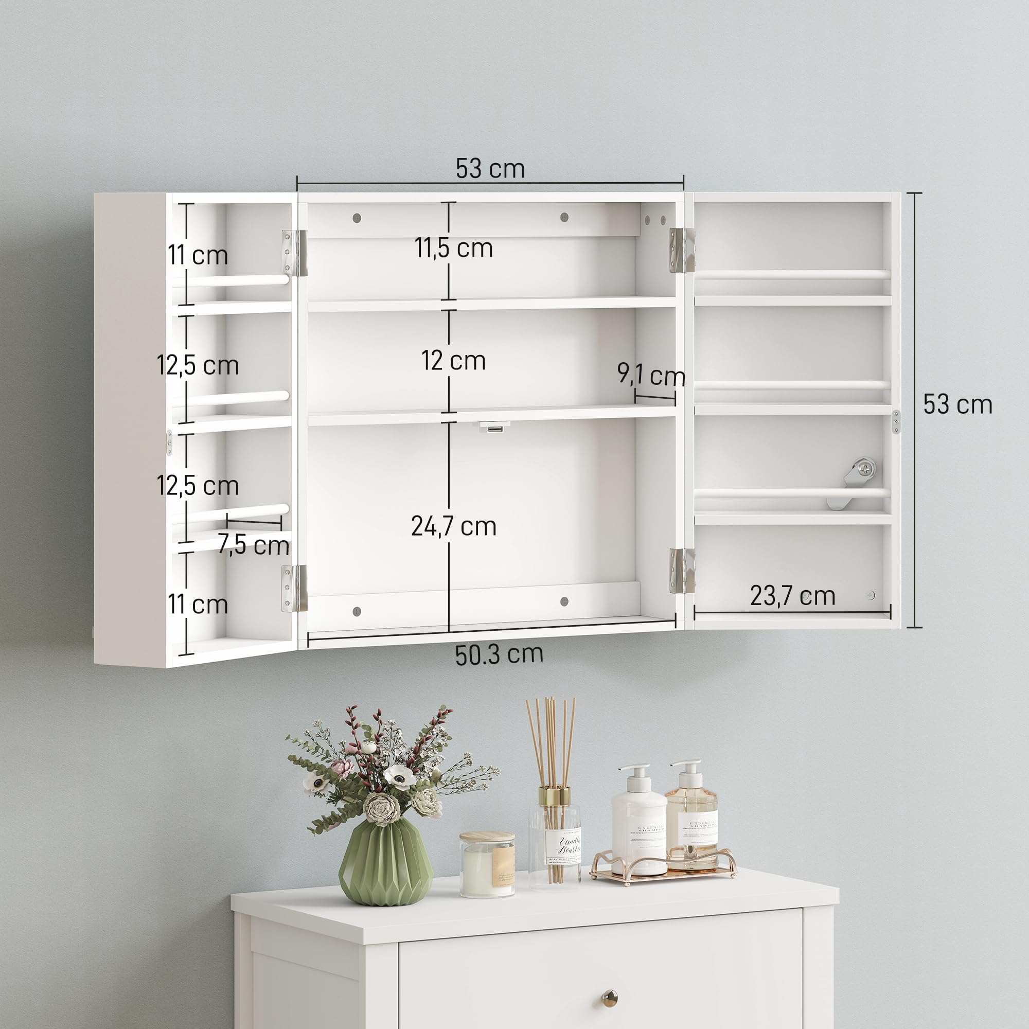 HOMCOM Armoire à Pharmacie Murale, Armoire à médicaments Murale à 4 étagères avec Double Porte verrouillable 2 clés, Meuble de Salle de Bain, Couloir, Salon, 53 x 20 x 53 cm, Blanc