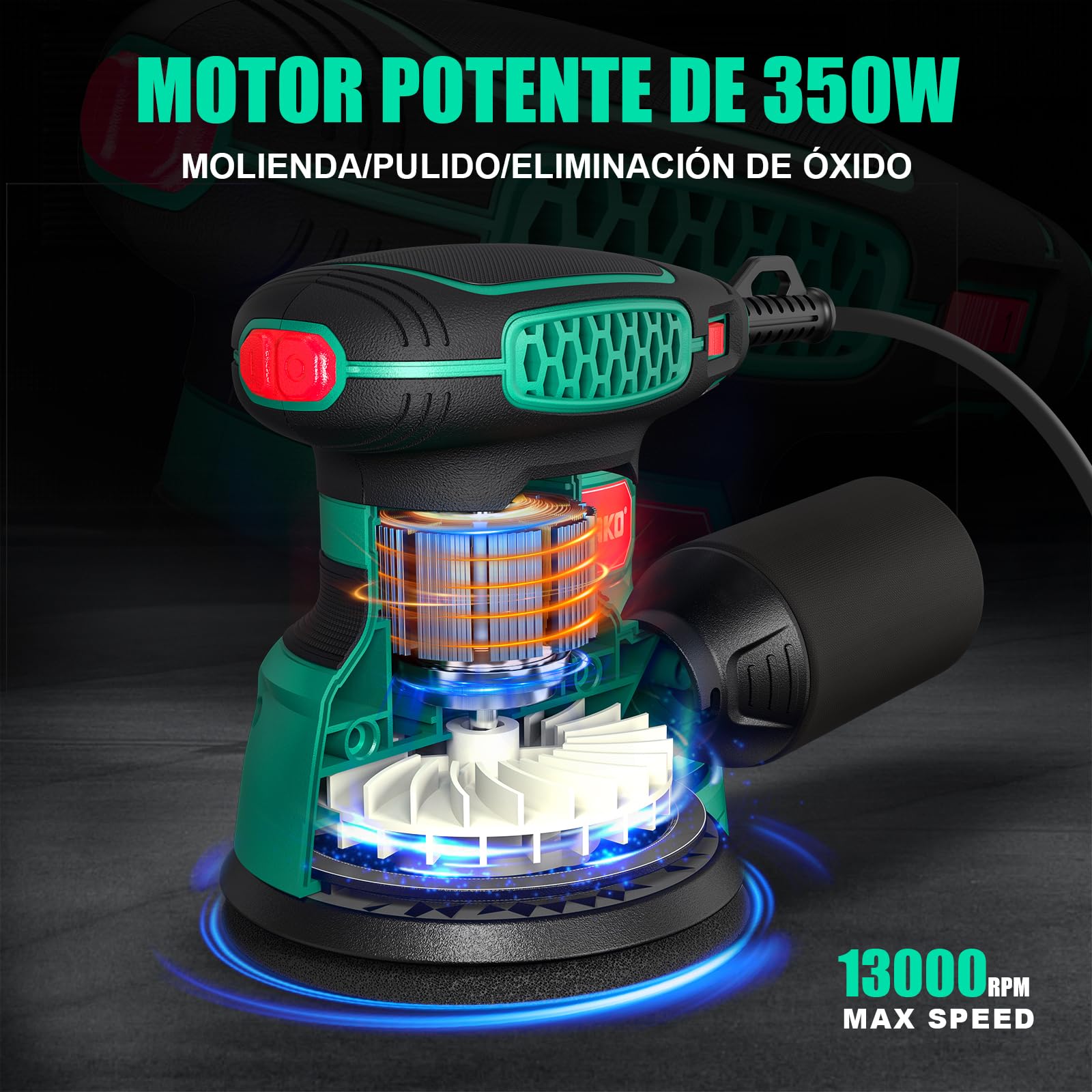 Lijadora Orbital 350W 125MM - 6 velocidades,16 hojas de lijado incluidas,con recolección de polvo y función de freno rápido,Ideal para lijar y pulir madera,en proyectos de afición