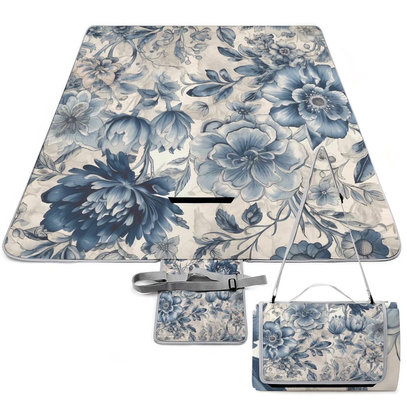 Coperta da picnic da spiaggia, motivo floreale blu, coperta da picnic impermeabile, pieghevole, extra large, tappetino quadrato da picnic, per escursioni, viaggi, campeggio all'aperto, parchi