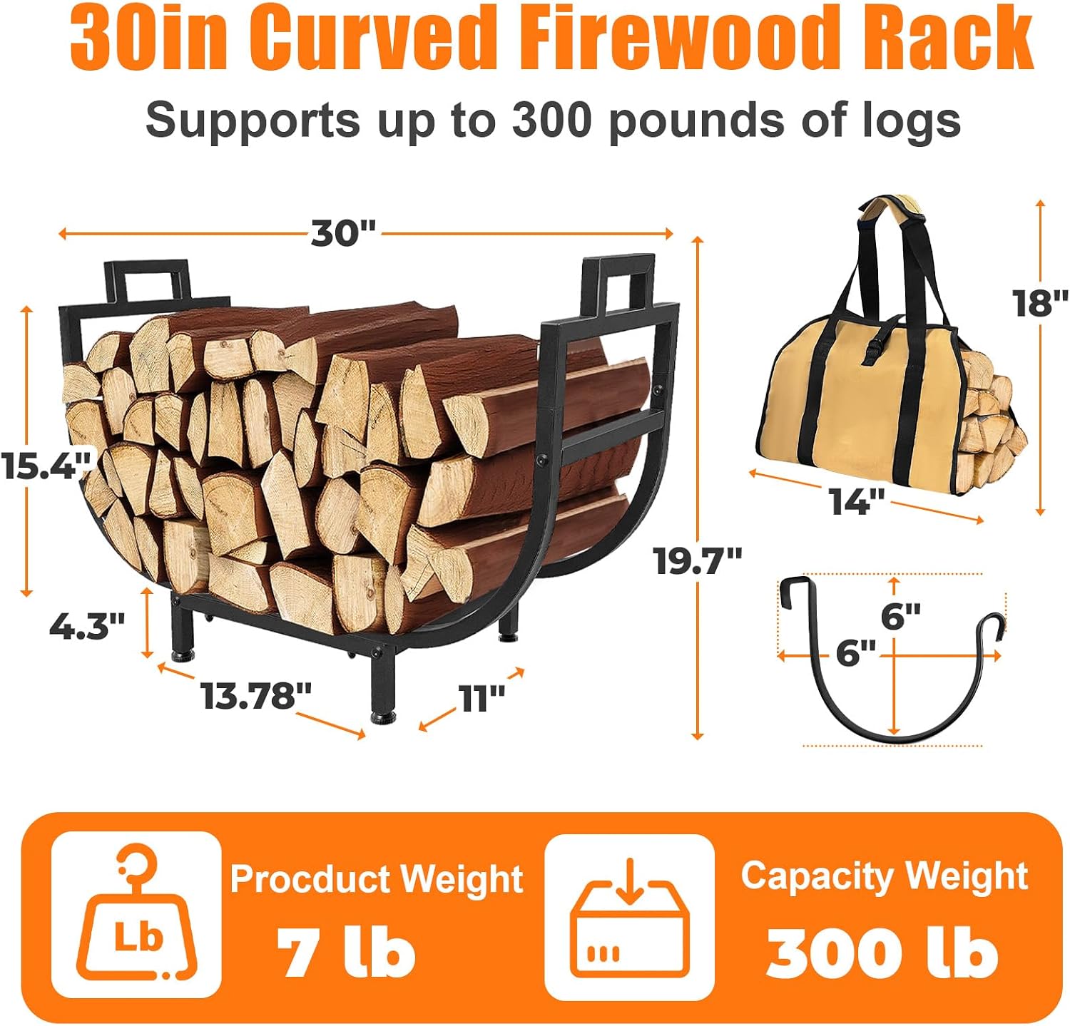 30" Firewood Rack Outdoor Indoor with Log Carrier Bag, Upgraded Taller Version 19.7'' Height Fire Wood Racks Firewood Storage Log Holder, Fireplace Storage Organizer Tool
