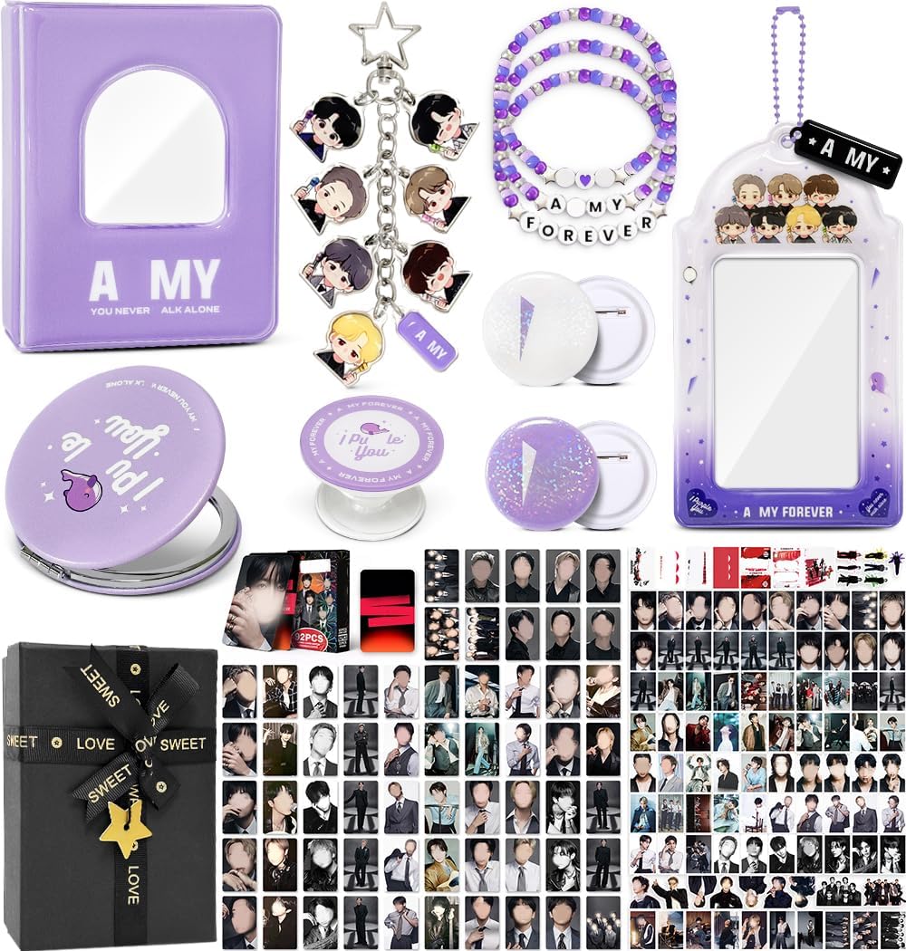 Album Gift Set, Including 100 Stickers, 60 Photocards, 3 Inches Photocards Binder, 3 Bracelets, 3 Inches Photocard Holder, 2 Button Pins, Foldable Mirror, Acrylic Chibi Keychain, Phone Ring Holder
