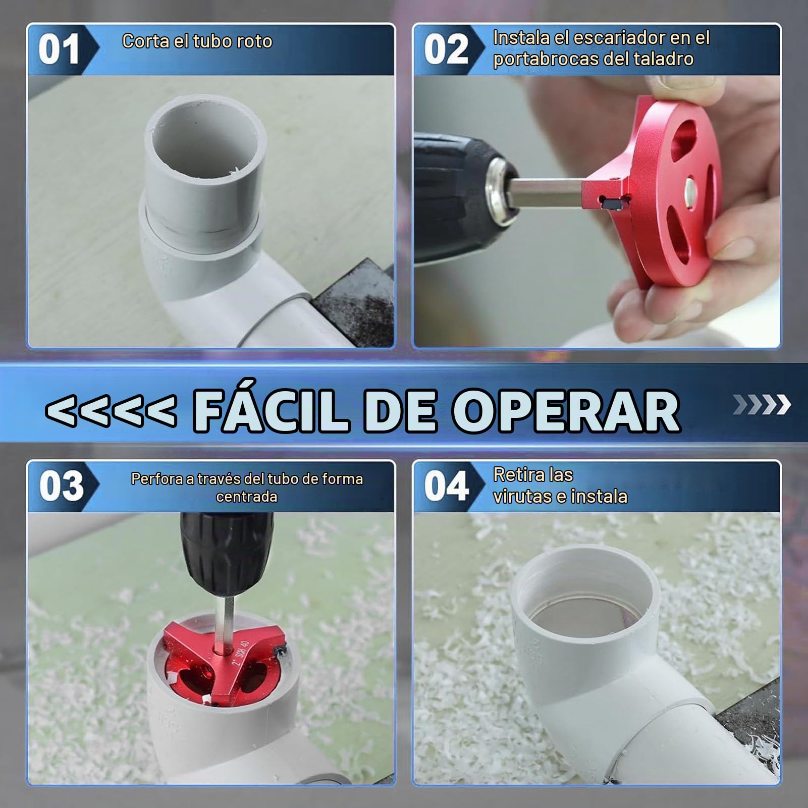 4 PCS Kit de Escariador de Tubería de PVC con Ahorro de Accesorios de Aluminio de Aluminio de 1,5 Pulgadas, 3 Pulgadas, 4 Pulgadas de 4 Pulgadas PVC, Ahorro de Enchufe de PVC,
