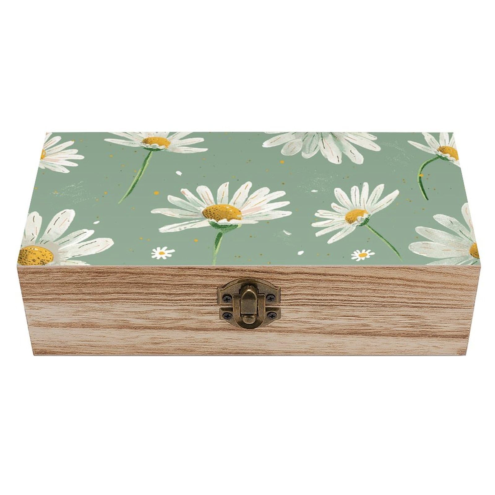 NTVOWPZO Wooden Storage Box Green Daisy Pattern Wood Gift Box with Hinged Lid Vintage Decorative Boxes Jewelry Memory Box for Jewelry Art Hobbies Home Storage Treasure Keepsake Gift