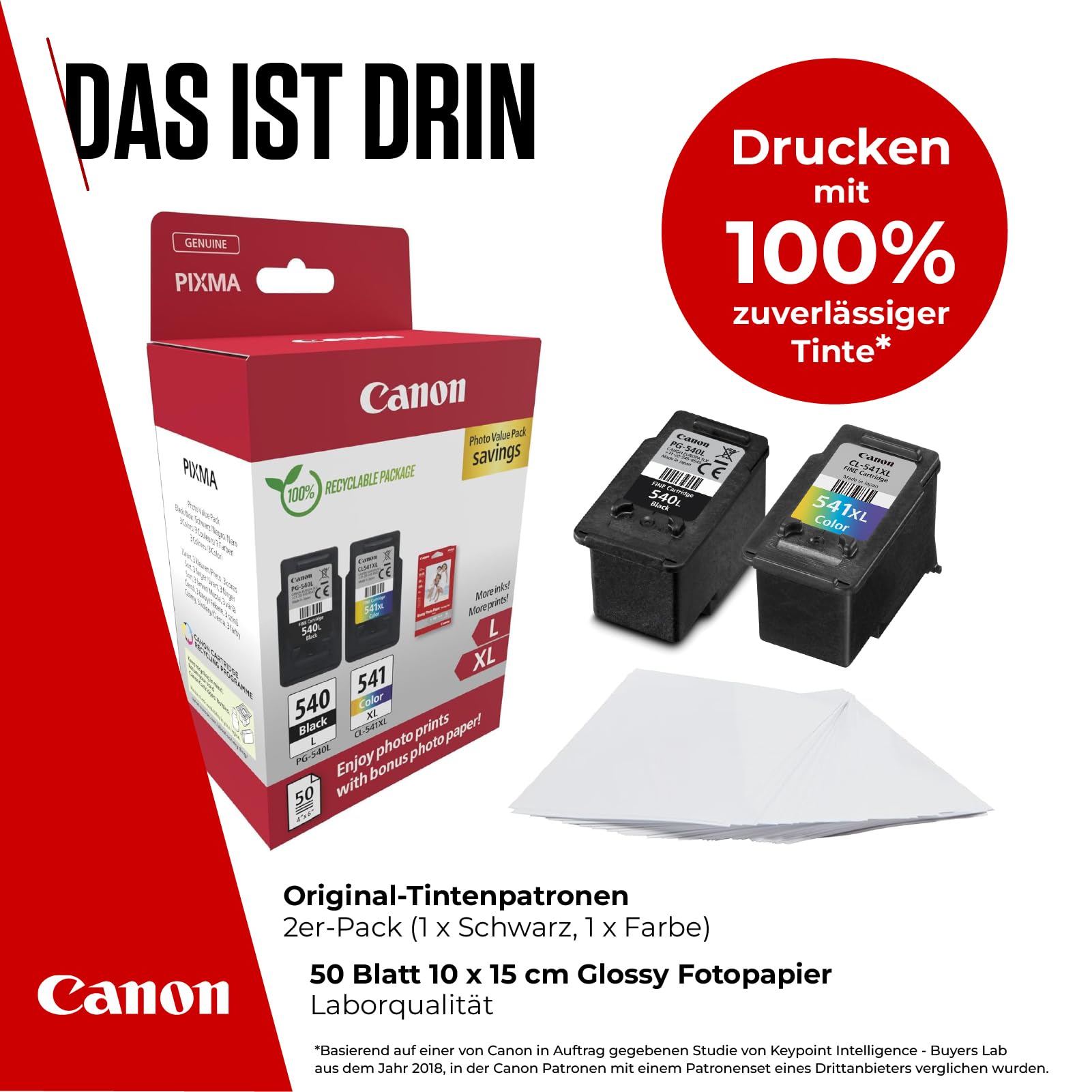 Canon Originaltinte PG540L / CL541XL (2 L/XL Tintenpatronen, 1xL Schwarz+ 1xXL Farbe) - Photo Value Pack (inkl Fotopapier GP-501 50 Blatt 10x15cm)
