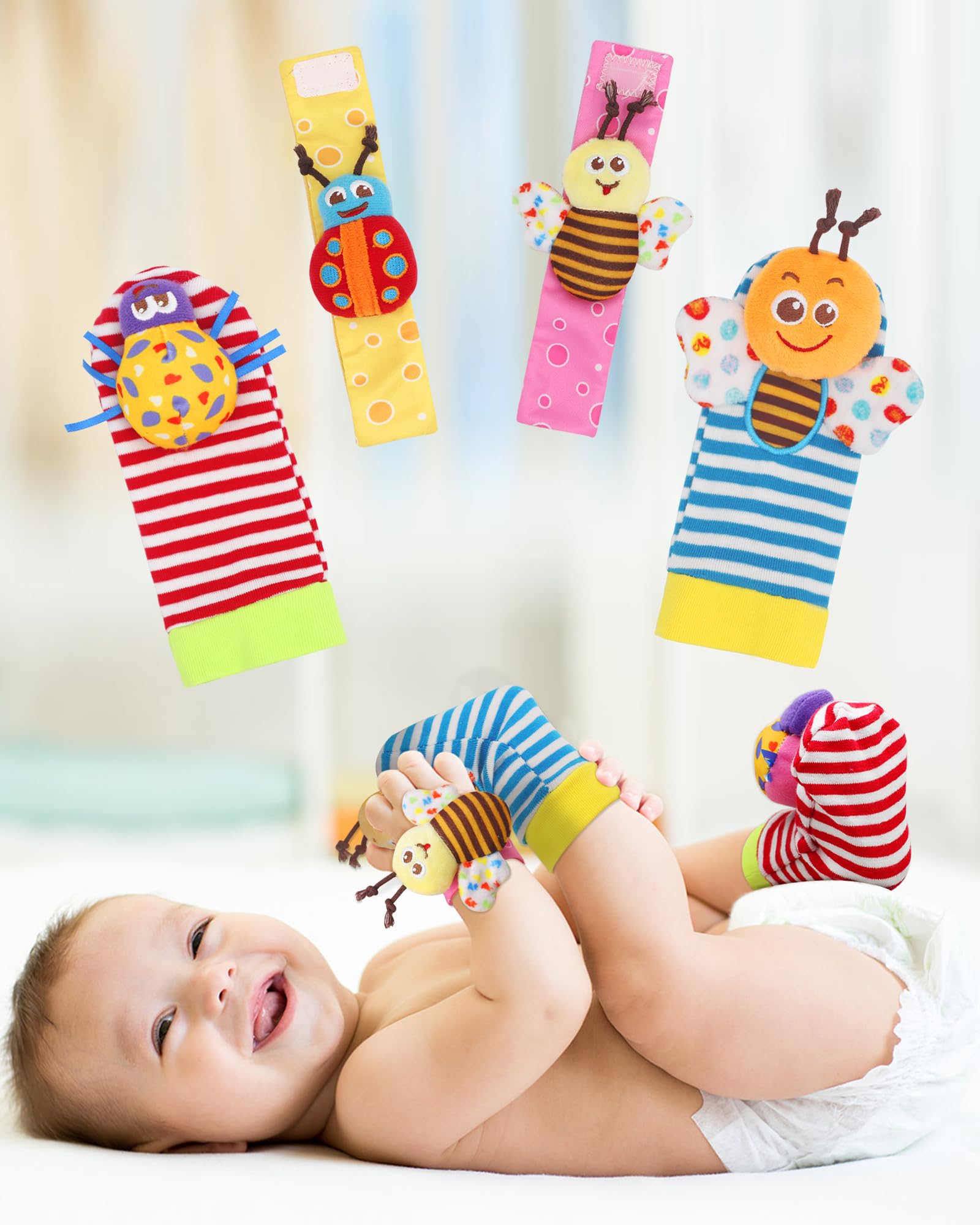 Soft Baby Toy, Wrist Rattle & Foot Finder Socks, Handheld Rattles and Rattle Socks, Foot Rattle Leg Rattle Ankel Rattle, Newborn Baby Rattle Toys for Infant Boy or Girl (4 PCS-BR)