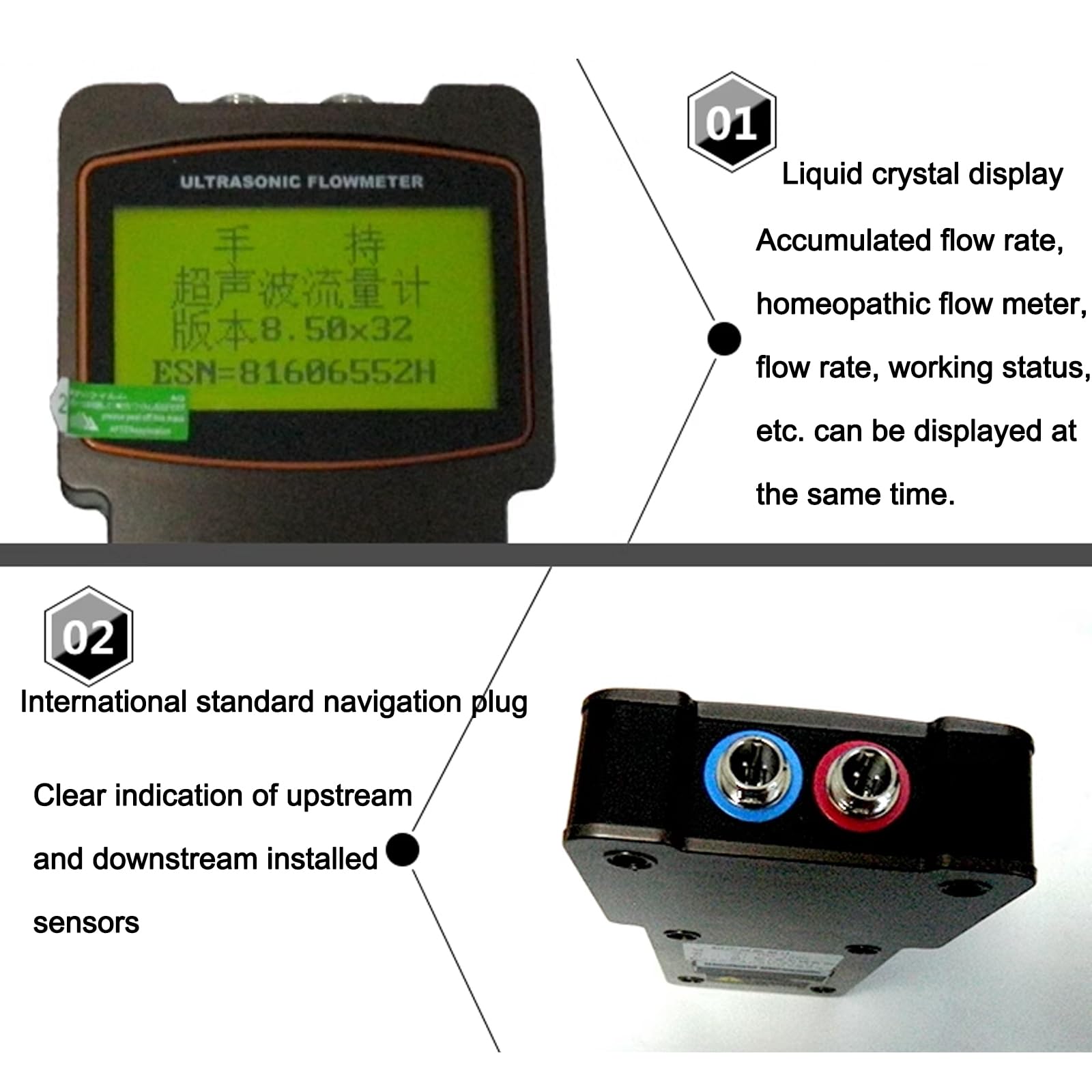 Caudalímetro de Abrazadera, caudalímetro ultrasónico portátil de Mano con Pantalla LCD, DN50-700 mm, para medición de tuberías industriales.,