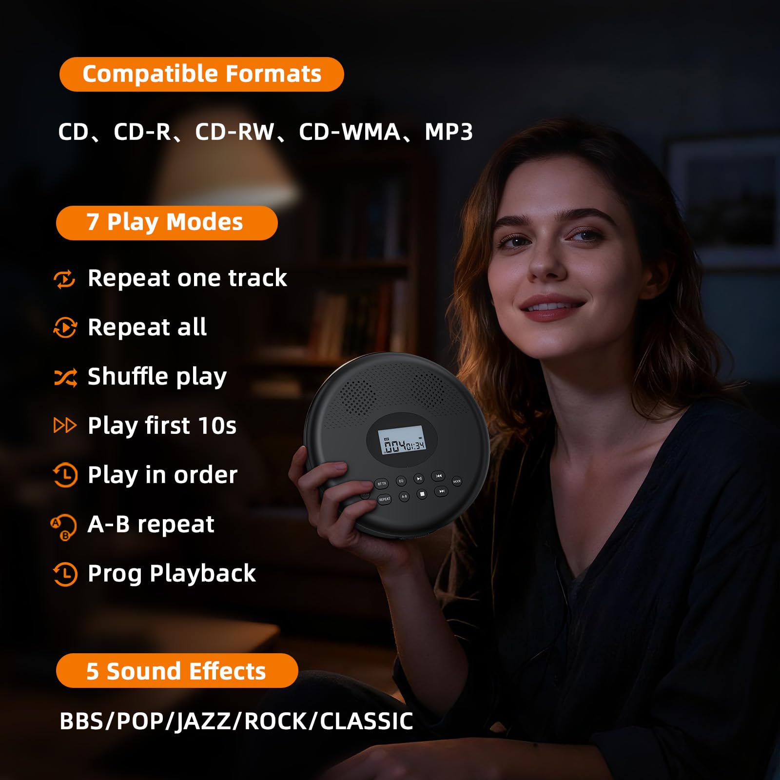 Arafuna Lecteur CD portable avec Bluetooth, batterie rechargeable, lecteur CD personnel pour voiture avec haut-parleurs/casque/écran/antichoc, compact pour la maison, les voyages, prend en charge TF