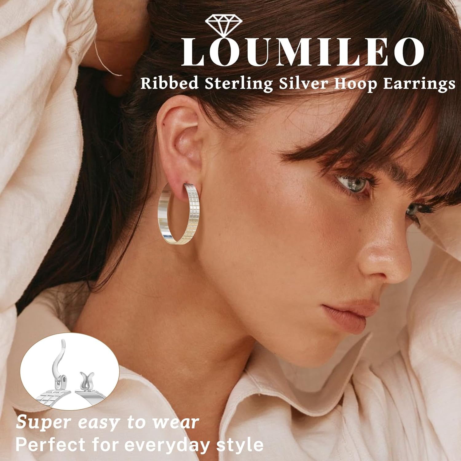 LOUMILEO 8mm Wide Chunky 14K Gold Plated Ribbed 925 Sterling Silver Post Hoops Earring Hypoallergenic Lightweight Large Silver Hoop Earrings for Women (30/40/50MM) - Image 2