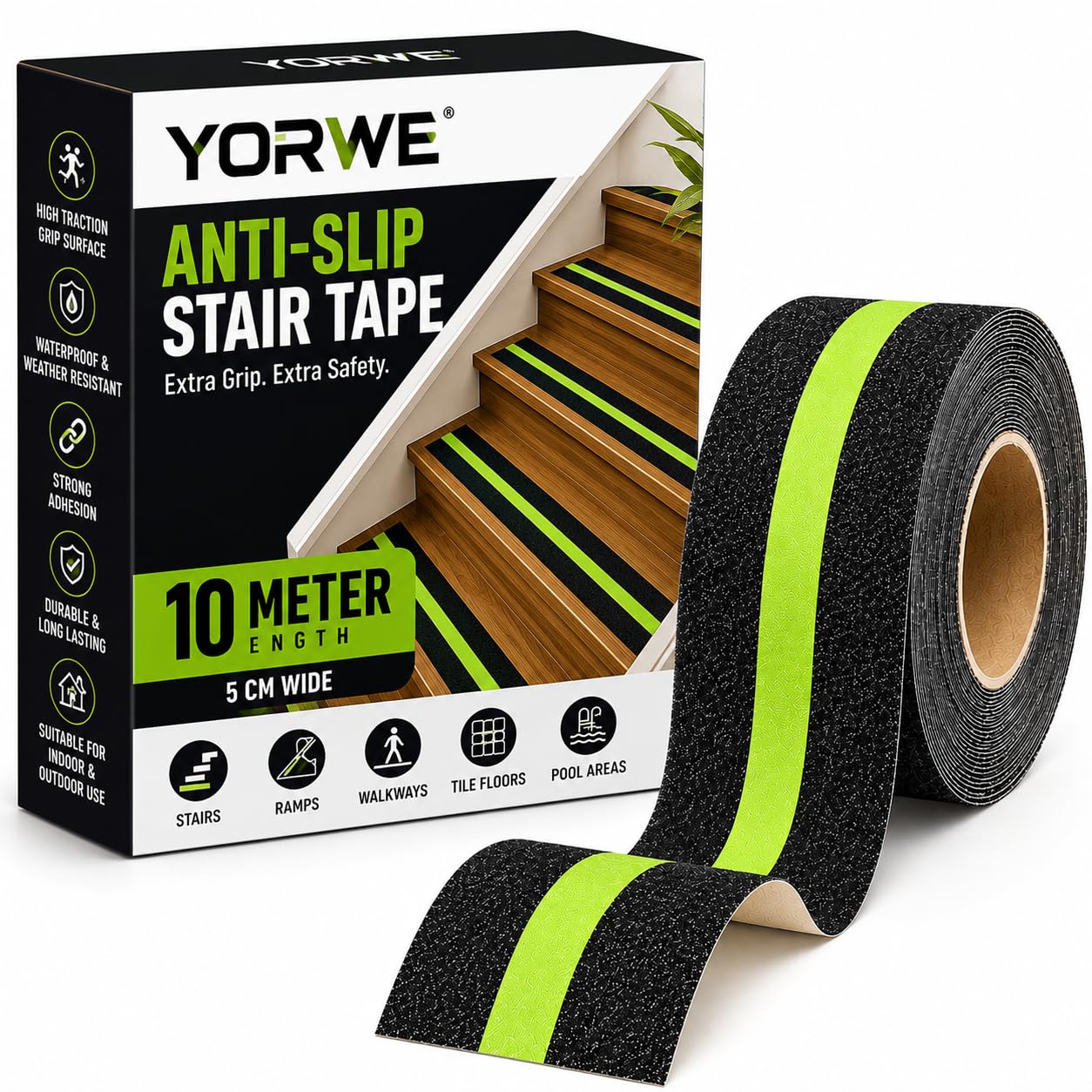 Anti Slip Stair Tape with Glow in the Dark Strip – Heavy Duty Waterproof Non Slip Traction Tape for Stairs, Steps, Outdoor & Indoor Safety (Black and Green, 10 Meter)-image-33
