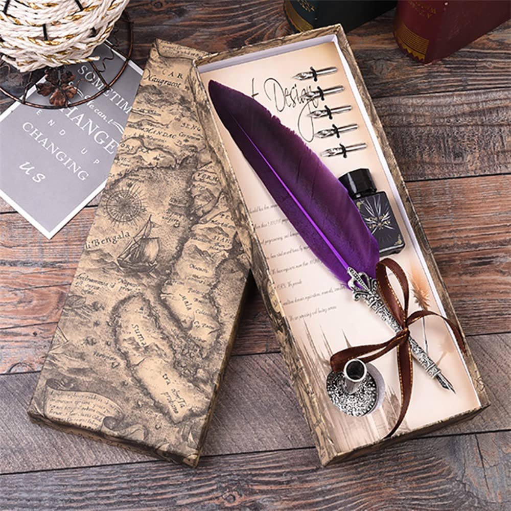 TikwisdomCalligraphy Pen Set, Writing Feather Pen, Handcrafted Real Feather and Stainless Steel Nib Best Antique Executive, Ink Included, Upgraded Writing Pen (Purple)