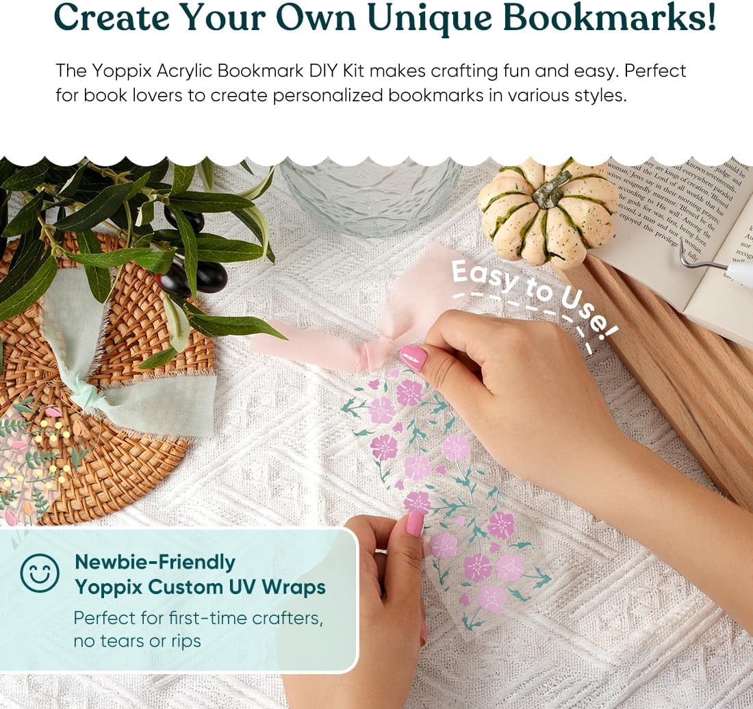 YOPPIX 6x2” Acrylic Bookmark Blanks- 20 Set Bookmark Making Kit with 20 UV DTF Stickers About Flower Theme 20 Ribbon 80 Bookish Stickers for DIY Your Crafts Gift for Book Lover