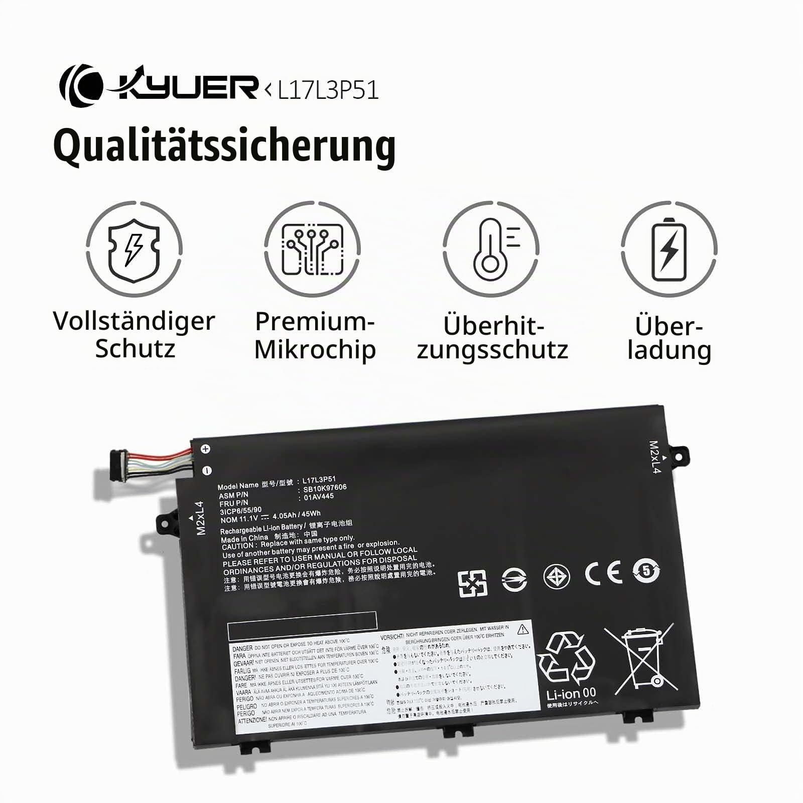 K KYUER 45Wh L17L3P51 L17C3P51 Laptop Akku für Lenovo ThinkPad E480 E485 E490 E495 E580 E585 E590 E595 E14 E15 01AV445 01AV446 01AV447 01AV448 L17M3P52 L17M3P51 SB10K97607 SB10K97608 SB10K97609 3-Cell