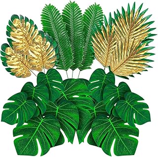 66 Pieces 6 Kinds Artificial Palm Leaves with Faux Monstera Leaves Stems Tropical Plant Simulation Safari Leaves for Hawai...