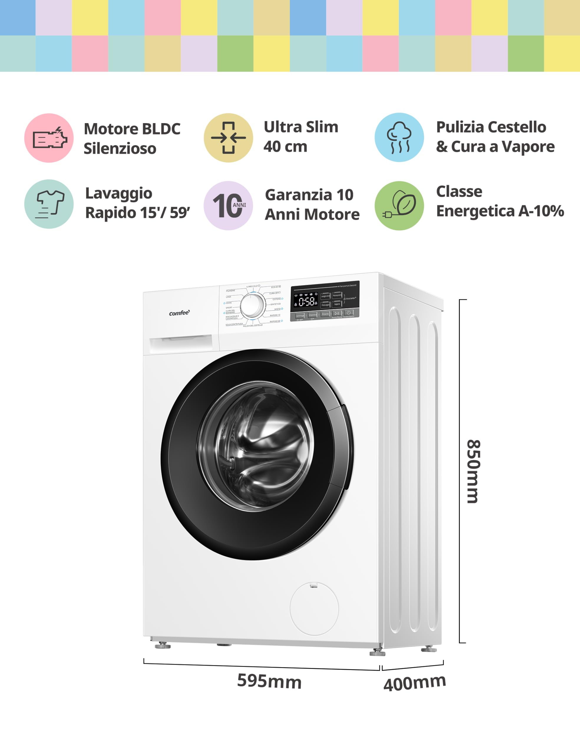COMFEE' Lavatrice Carica Frontale 6 kg, Ultra Slim 40 cm, Classe A‑10%, 1200 giri, Vapore Igienizzante, Baby Care, Motore Inverter BLDC, 16 Programmi, Bianco – CFP01EW60W