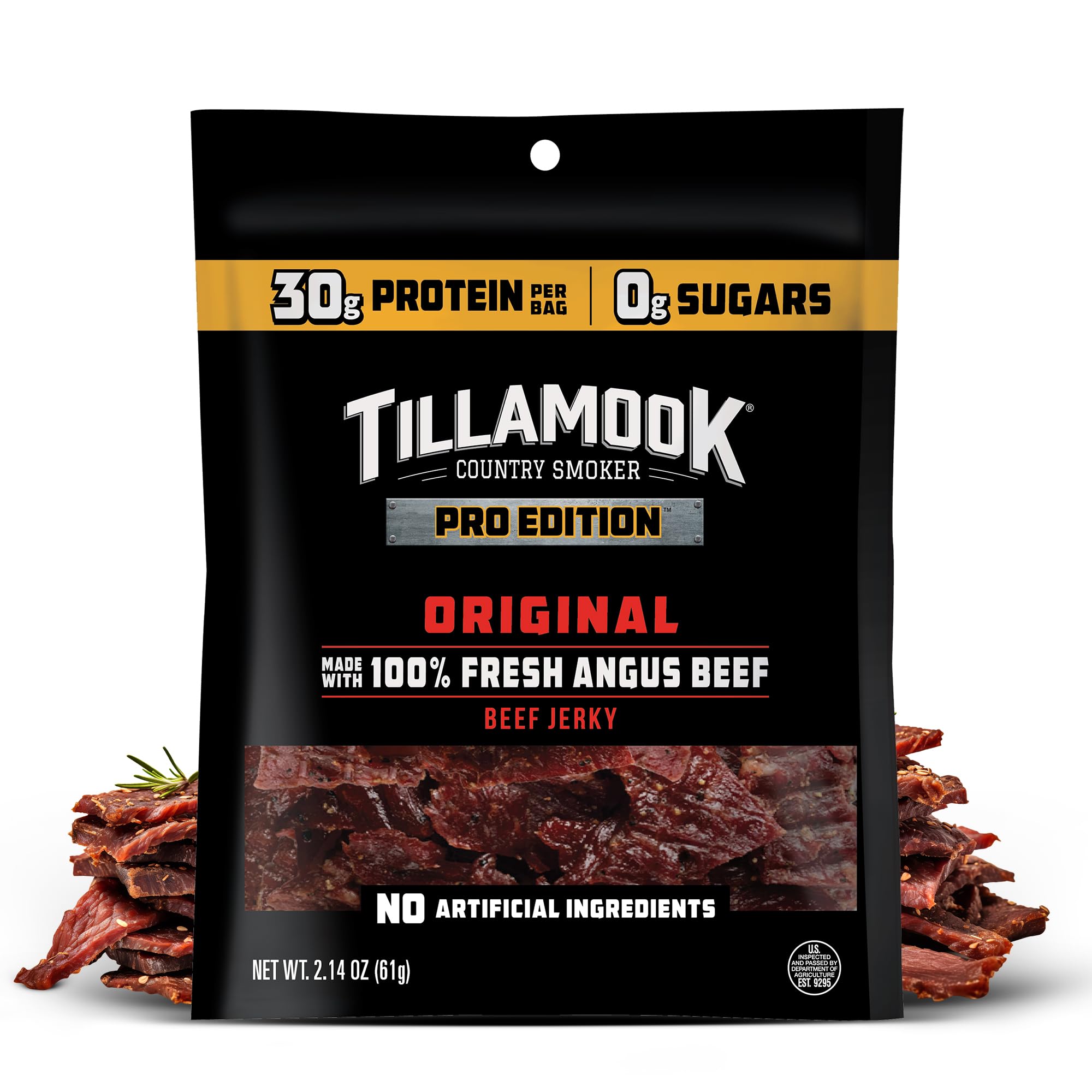 Tillamook Beef Jerky, Country Smoker PRO Edition, Zero Sugar, Original, 2.14 Oz, Real Hardwood Smoked Fresh Angus Beef, Low Carb, High Protein, Ready to Eat Keto Snack for Athletes, Gluten Free