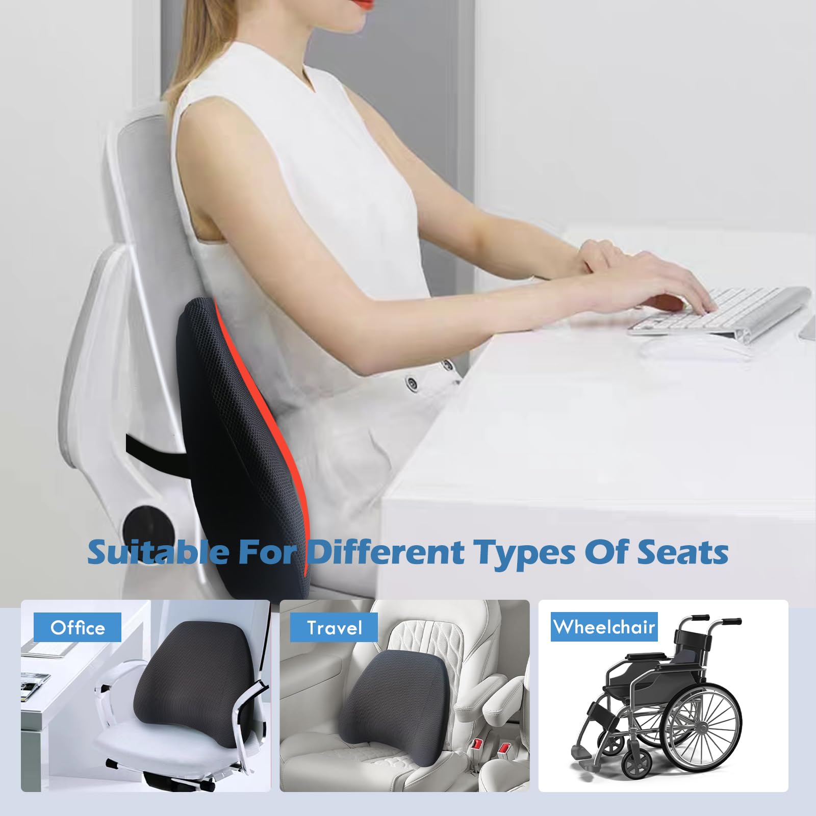 Almohada de apoyo lumbar súper acogedora para silla de coche/oficina, almohada lumbar 100% de espuma viscoelástica con funda extraíble transpirable, diseño ergonómico, soporte de espalda para aliviar