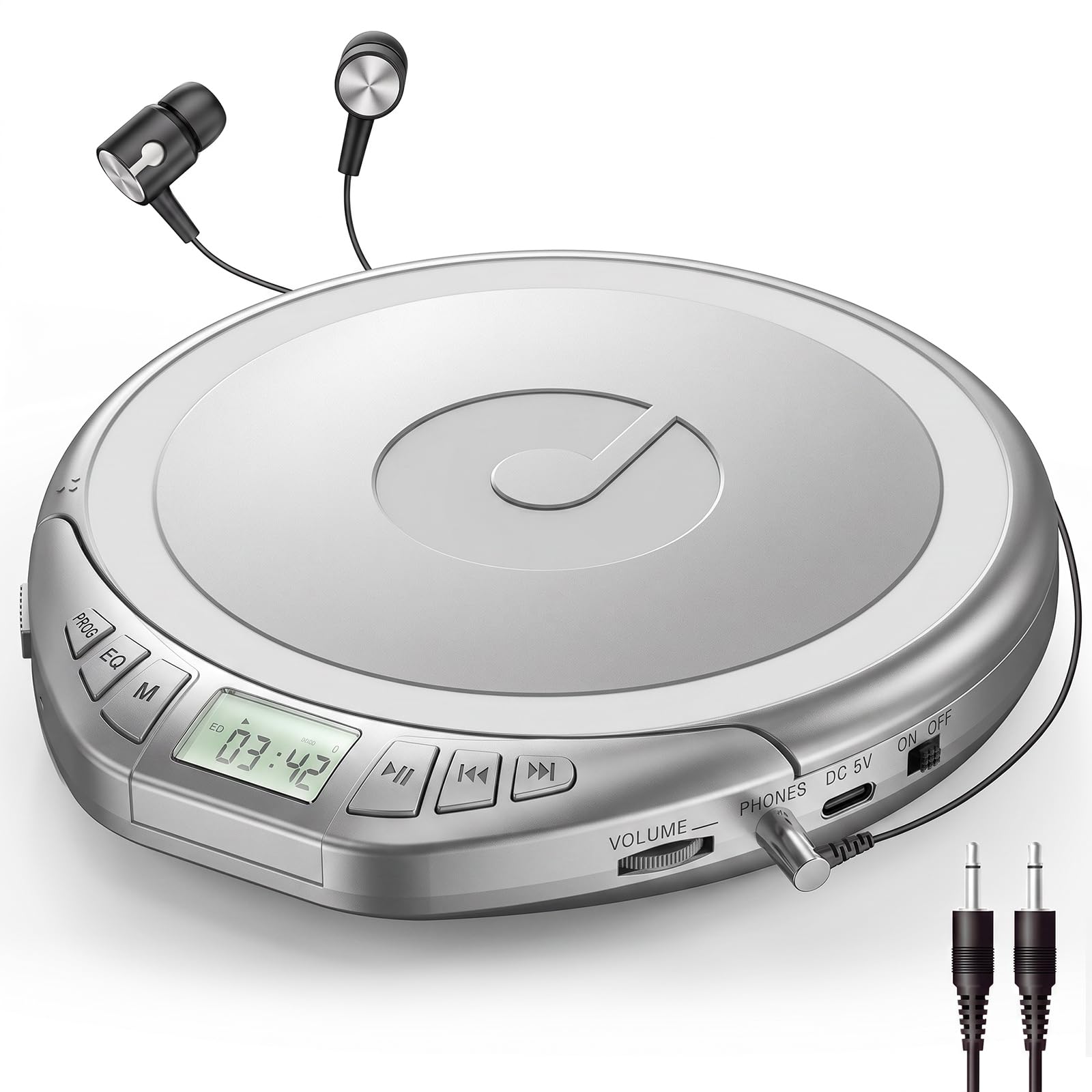 Gueray Lettore CD portatile con auricolari, CD Discman per auto e casa, con protezione anti-skip antiurto, lettore CD personale Discman con display LCD, supporta la funzione di memoria PROG (H-01