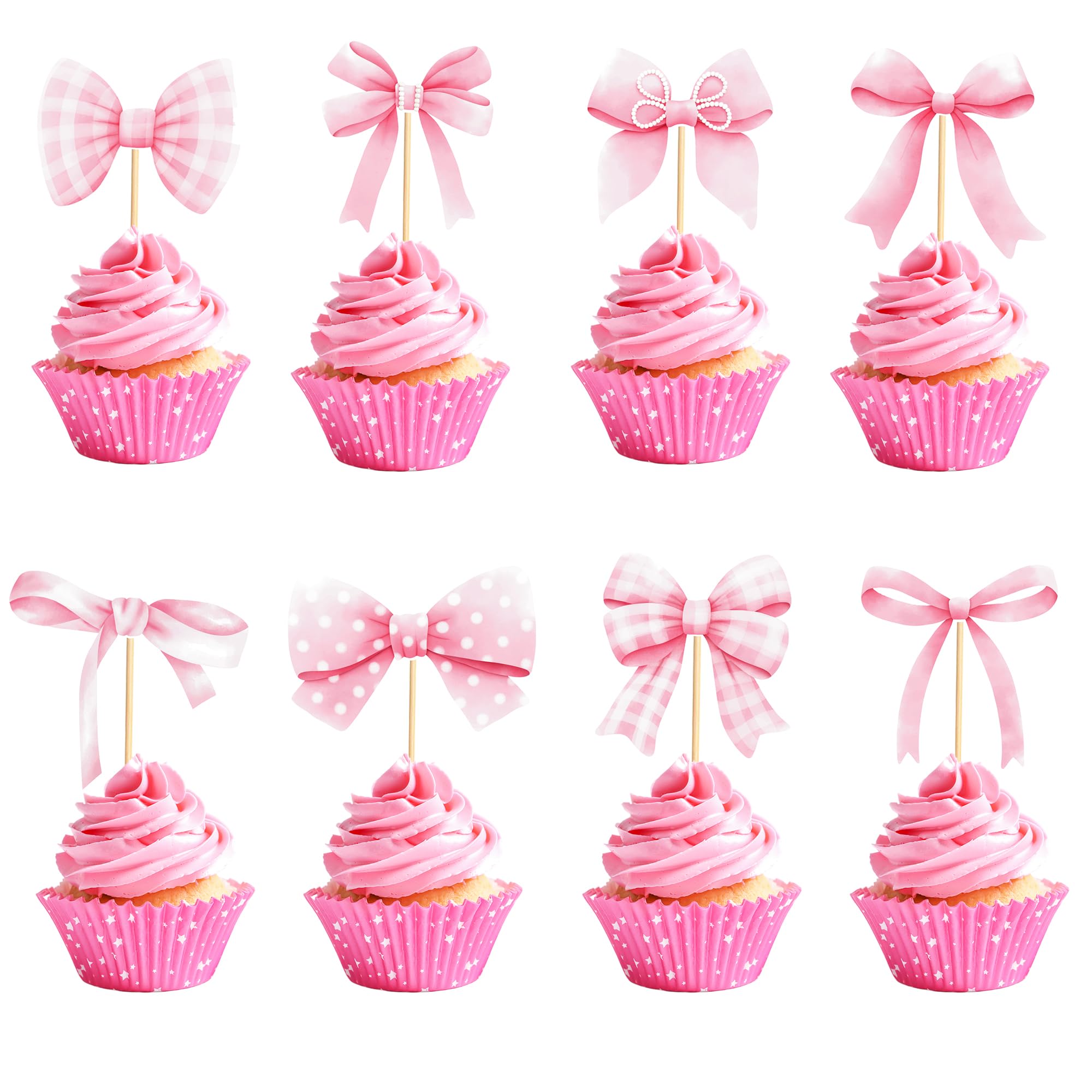 Arthsdite 24pcs Coquette Bow Cupcake Toppers Pink Bow Coquette Birthday Cake Decorations for Bachelorette Bridal Engagement Wedding Girl Baby Shower Bow Theme Party Decor