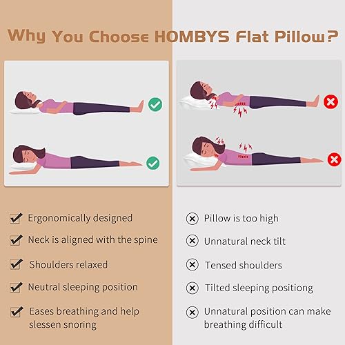 Miniatura 3 de HOMBYS Almohadas de cama ultra finas para dormir boca abajo y espalda, almohada plana tamaño King, perfil extra bajo para alineación cervical del