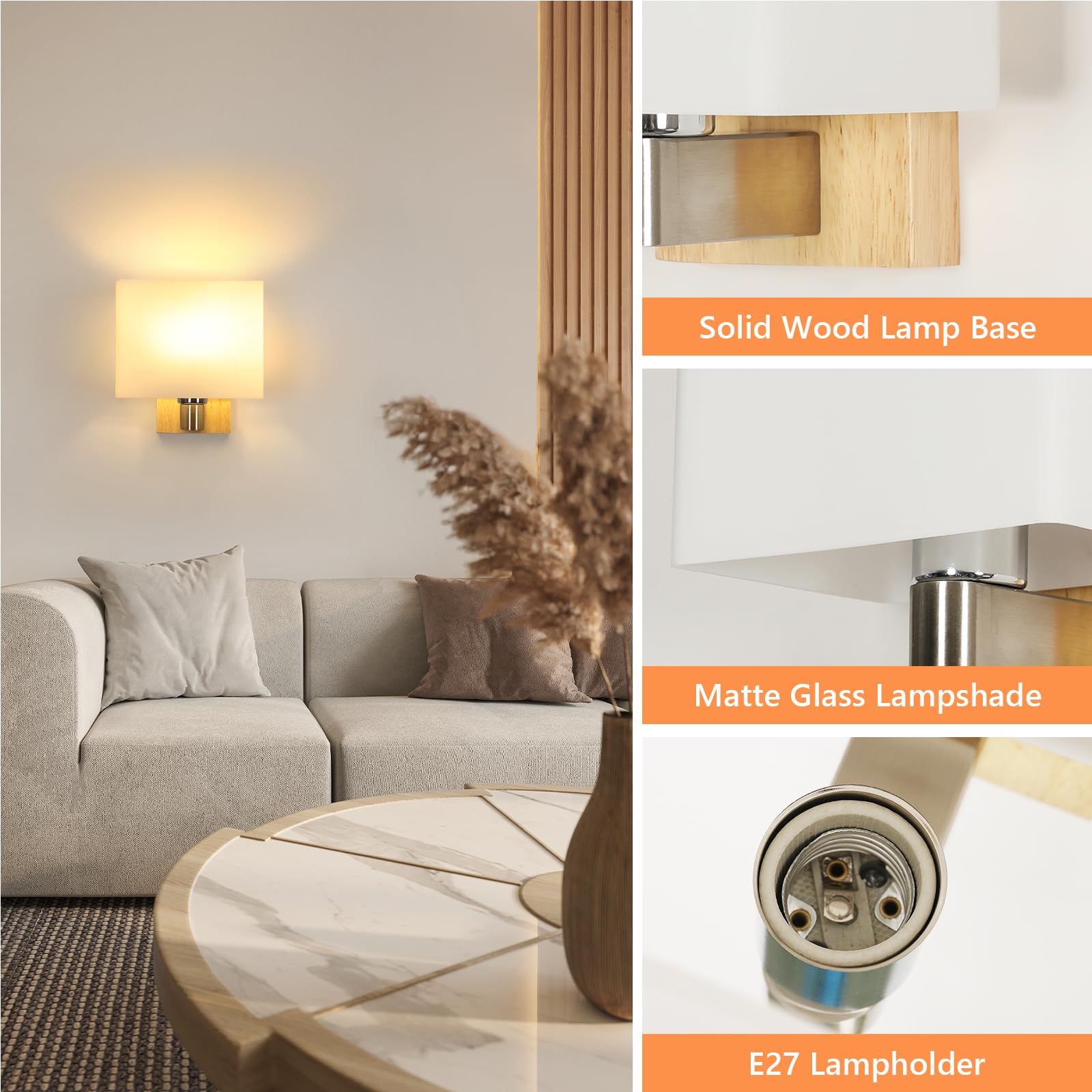 Holz Wandleuchte Innen E27, Moderne Wandlampe Holz mit Quadrat Glas Lampenschirm, Up Down Wandbeleuchtung Innen mit E27 Fassung für Schlafzimmer, Flur, Wohnzimmer, Treppen (Ohne Glühbirne)