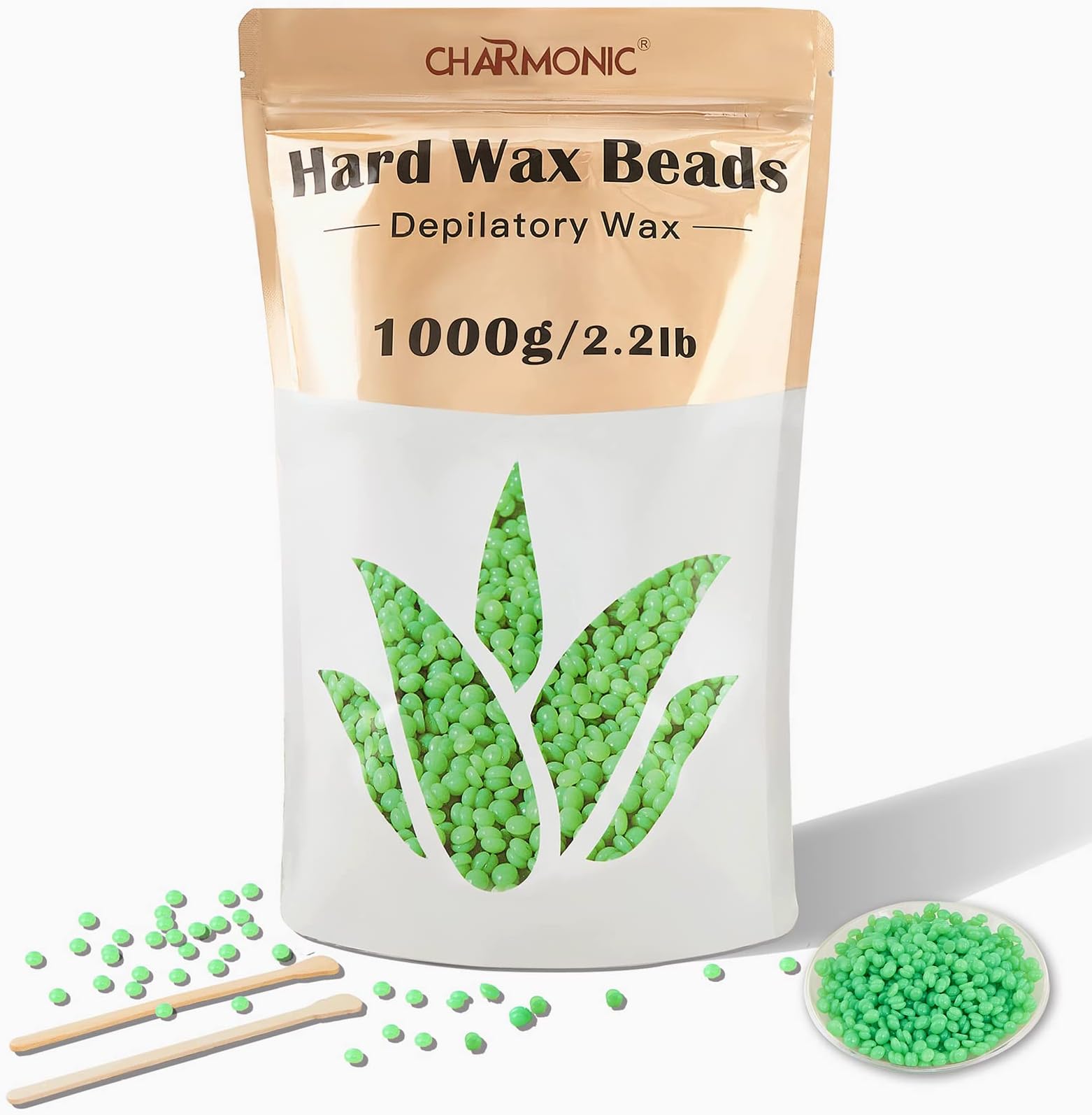 2.2LB/1000g Wax Beads, Hard Wax Beads, Hard Wax Kit for Legs, Underarm, Face, Eyebrow, Bikini, and Brazilian Hair Remover, Women and Men Hair Removal Wax Beans Include 50 Waxing Sticks By Charmonic
