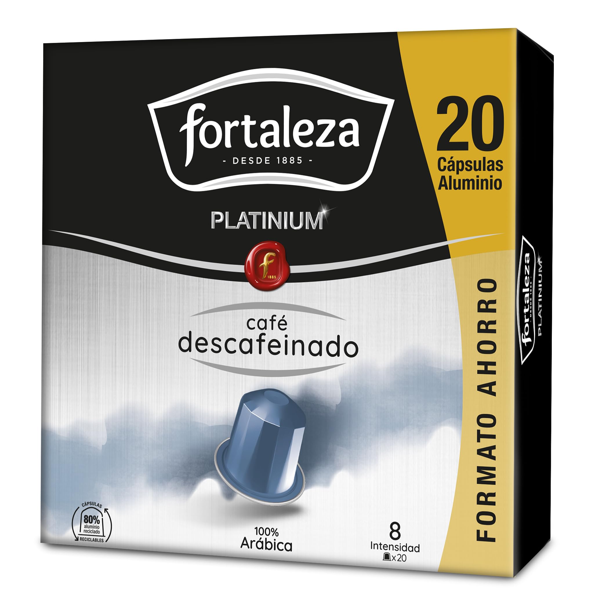 Café Fortaleza Platinium - Cápsulas Compatibles con Nespresso, de Aluminio, Descafeinado, 100% Arábica, Tueste Natural, Pack 8x20 - Total 160 uds