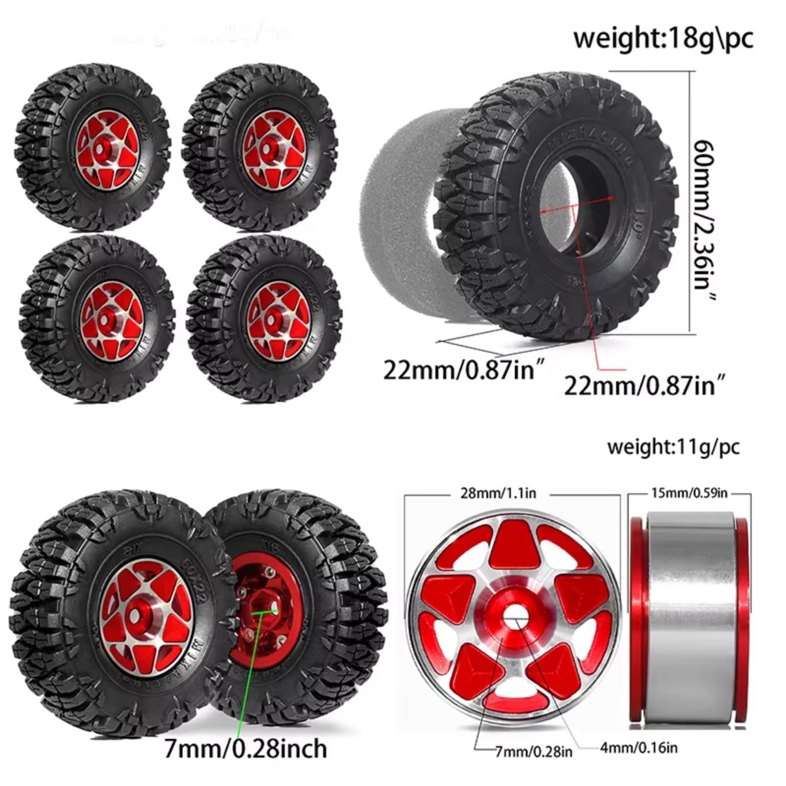 RC Pneus Jante pour Axial pour SCX24 AX24 pour TRX4M pour FCX24 1/18 1/24 Lot De 4 Pneus Et Jantes Beadlock en Aluminium De 2,5 Cm pour Chenilles RC(Black)