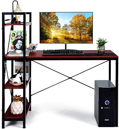 Miniatura 18 de Tangkula Escritorio para computadora con estantes de 4 niveles, mesa de escritura de estudio con estantes de almacenamiento, estación de trabajo