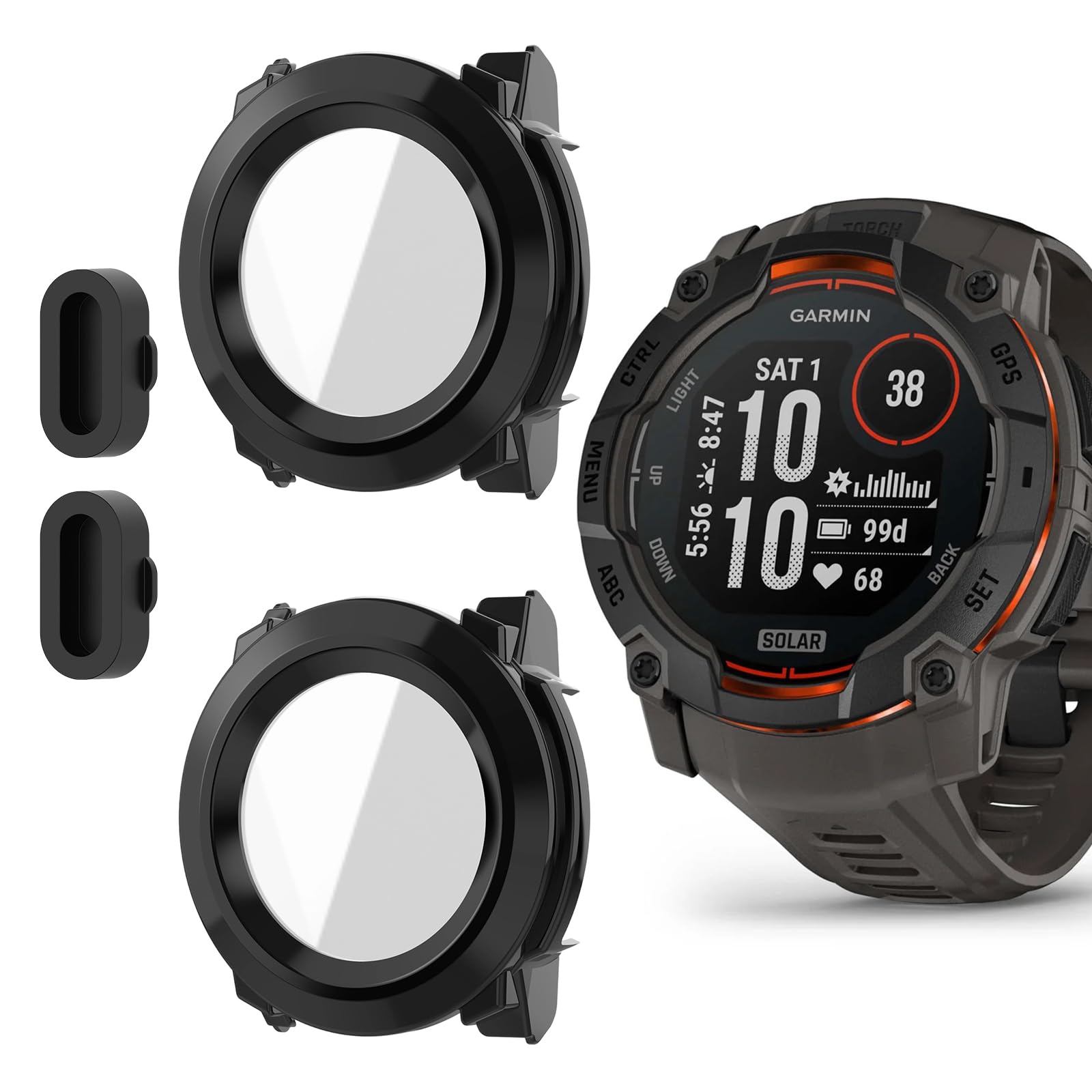 - 2 Pack for Garmin Instinct 3 50mm Watch Screen Protector Case, Full Coverage Tempered Glass Protective Cover Accessories,Hard PC Scratch Resistant Shell(Black)