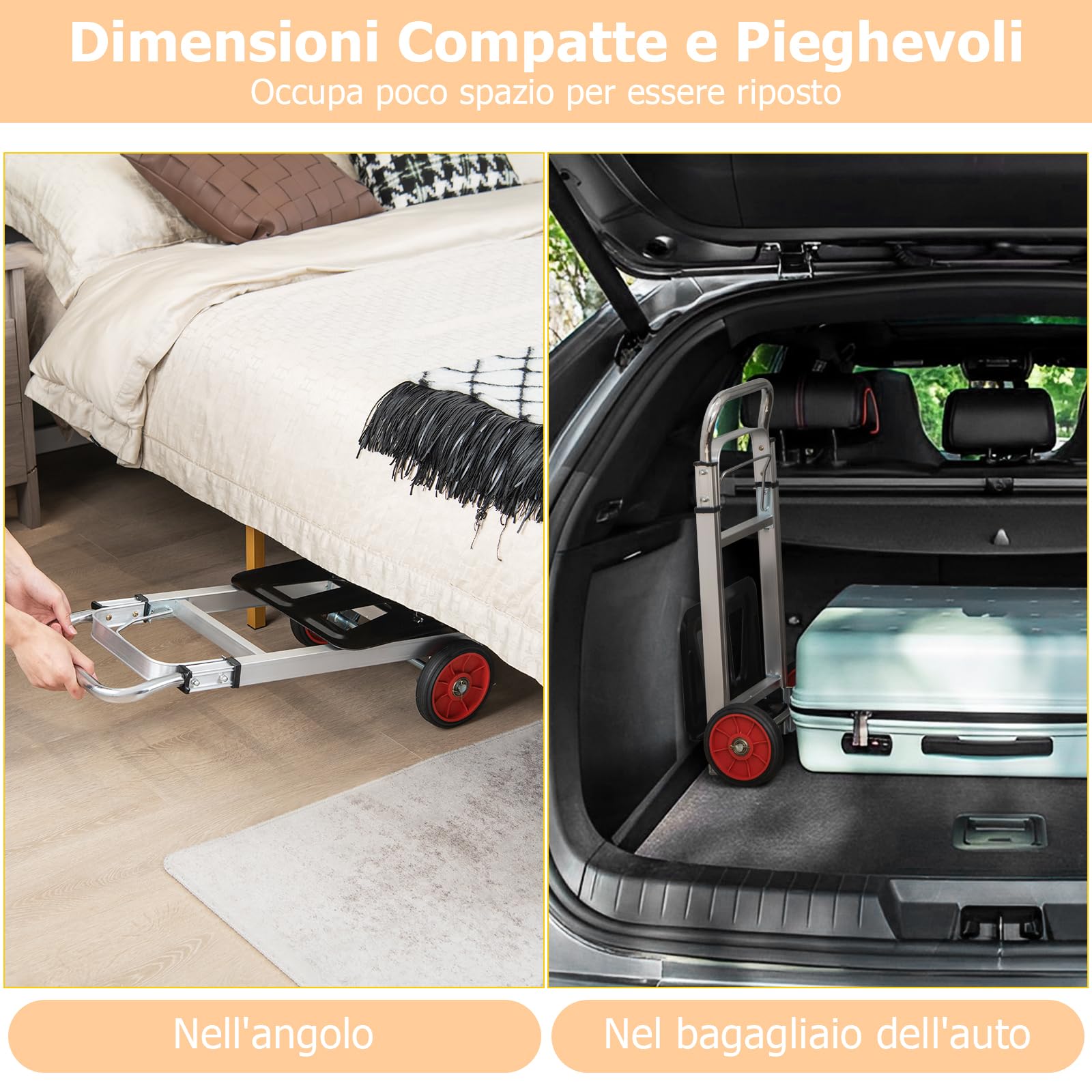 GYMAX Carrello Manuale in Alluminio, Carrello da Trasporto con Maniglia Regolabile in Altezza e Ruote, Carrello a Sacco Pieghevole per Magazzino, Garage e Giardino, Portata 100 kg, Argento + Nero