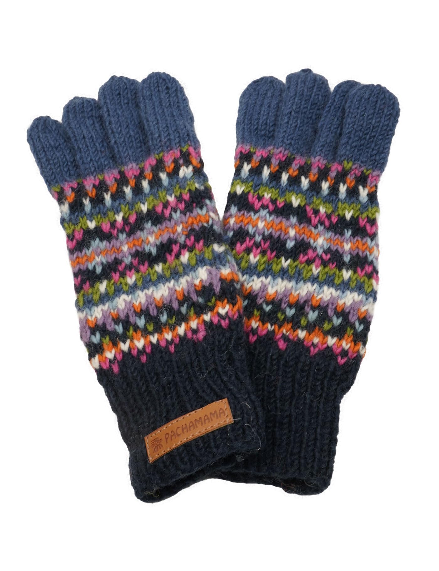 Pachamama Women Wool Gloves Handknitted Traditional Fairisle Colourful One-Size Handmade Extra Warm Fair Trade (Denim, One Size)