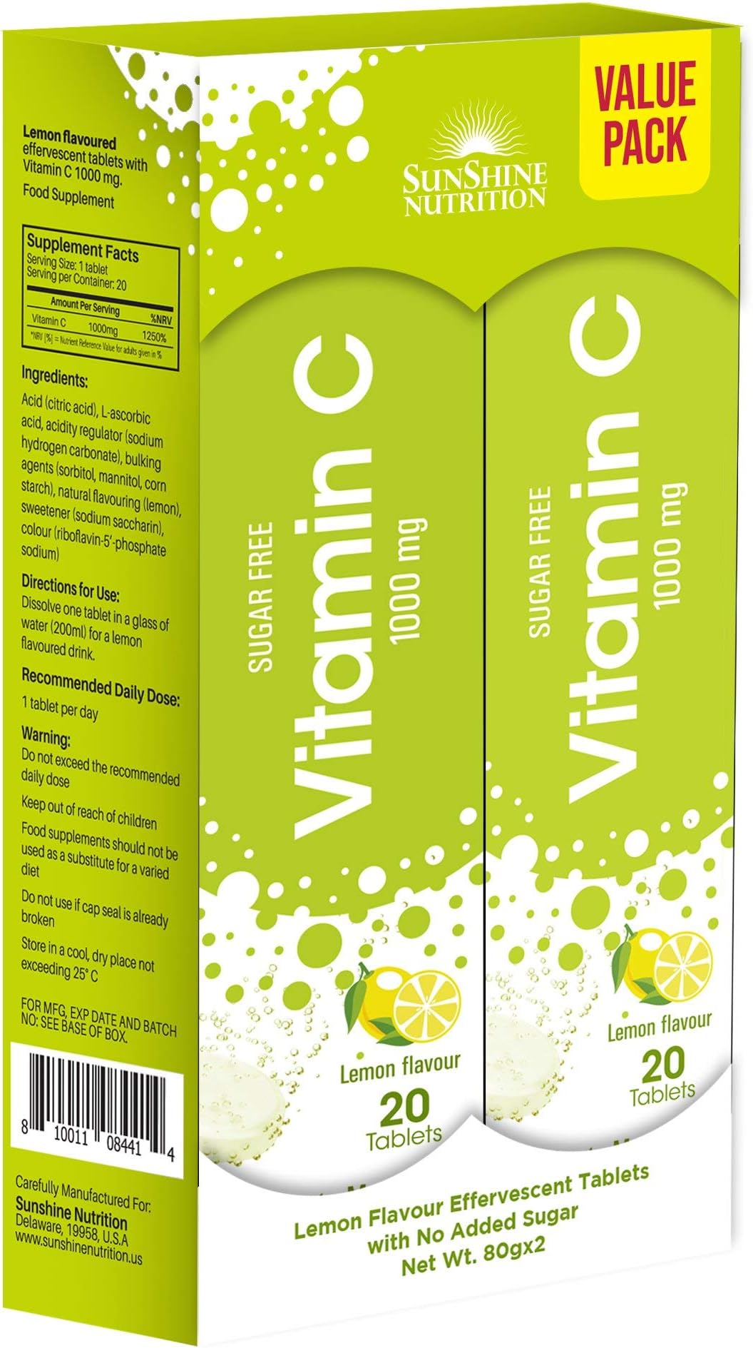Vitamin C 1000Mg, (2X20 Tablets) | Effervescent Tablets Value Pack | No Added Sugar | Lemon Flavor