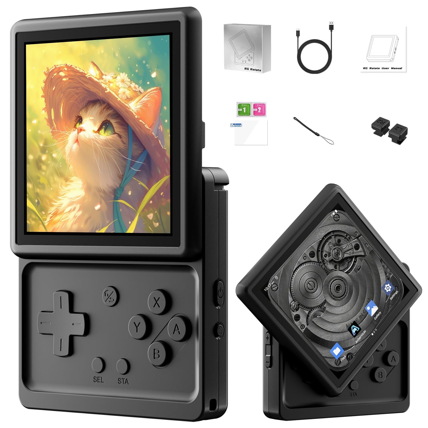 Anbernic RG Rotate Retro Console di gioco portatile, schermo girevole da 3,5 pollici Android palmare unisex Tiger T618 2000mAh batteria 3+32GB lega di alluminio + plastica ABS (nero polare)