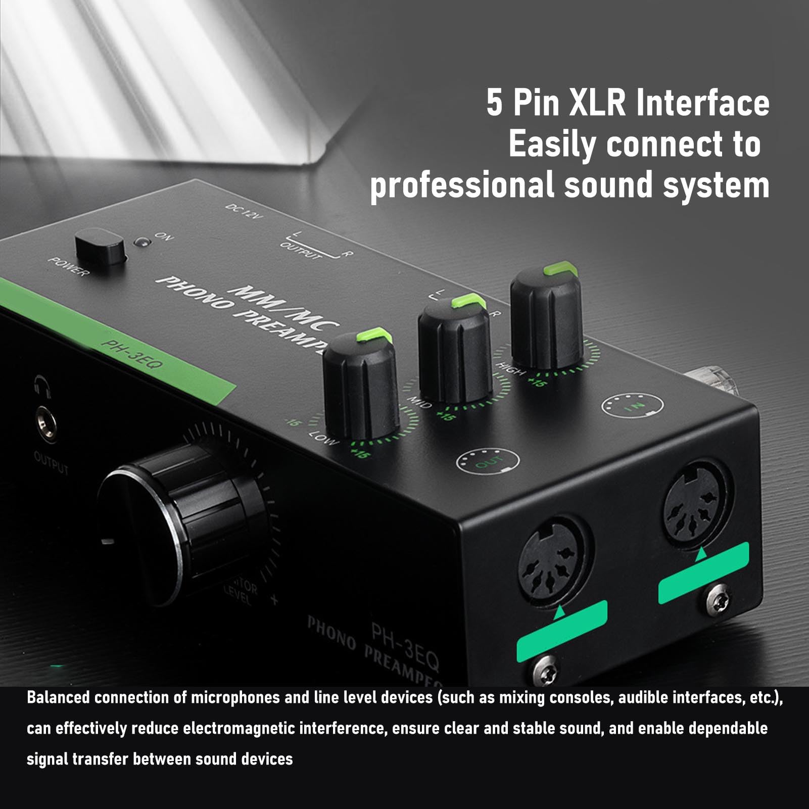 Préampli Phono avec réglage 3 Bandes, amplificateur Phono MM MC pour Tourne-Disque, entrée Sortie XLR préamplificateur pour Platine Vinyle pour système Audio Domestique Audiophile
