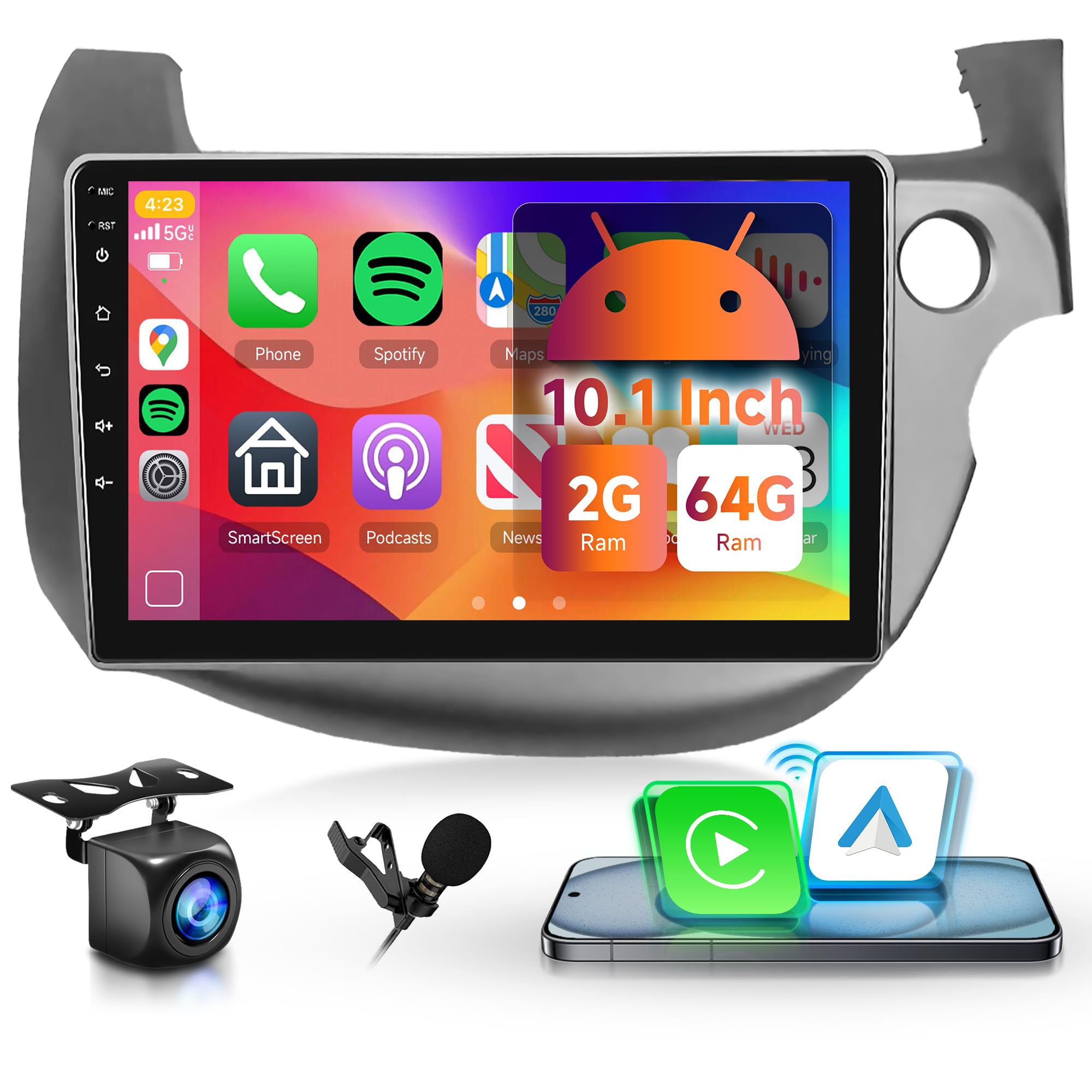 Rimoody Radio de coche Android 2G 64G para Honda Fit 2007-2013 con Carplay inalámbrico Android Auto, pantalla táctil de 10.1 pulgadas estéreo para coche con Bluetooth, FM, RDS, GPS, WiFi, EQ, cámara