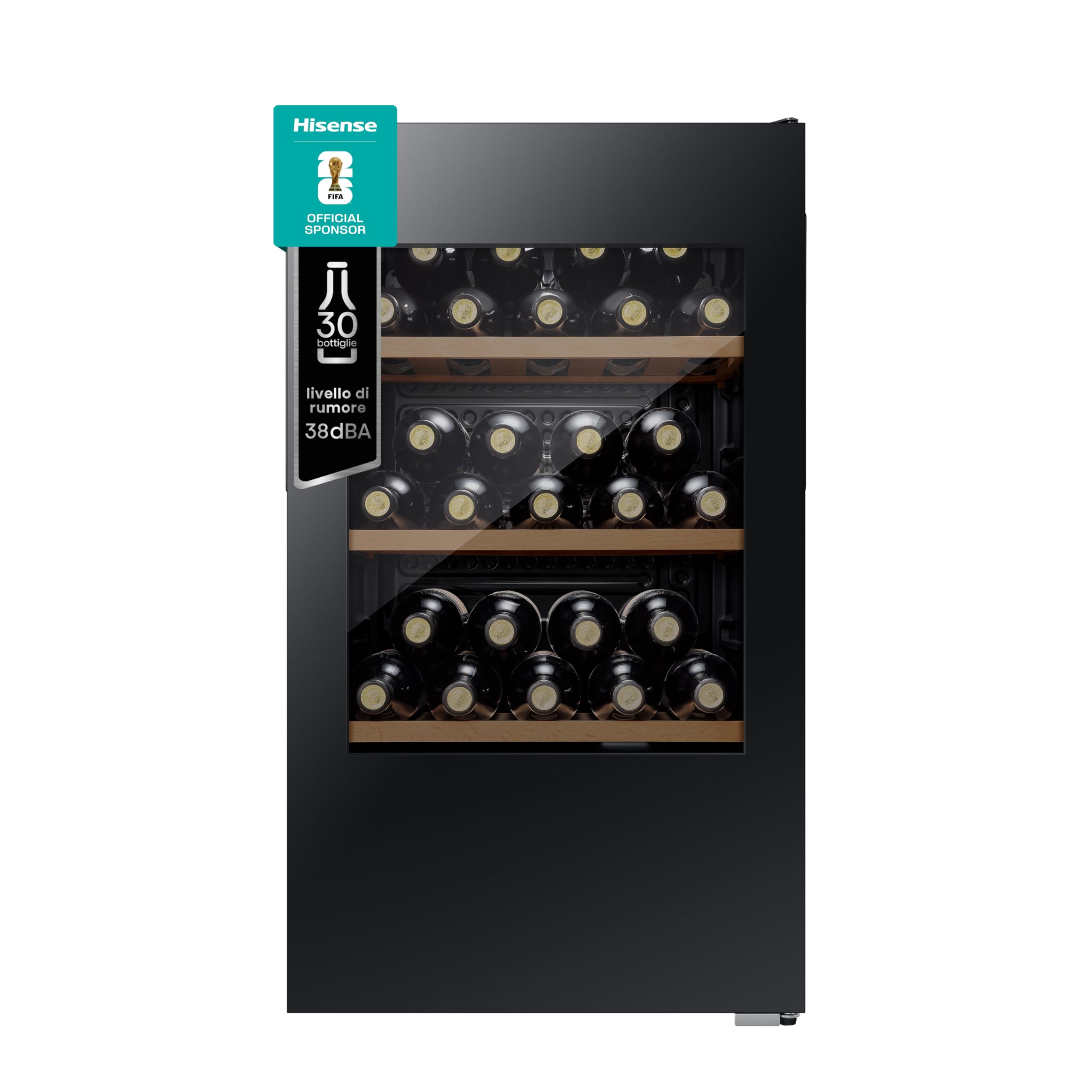 Hisense RW12D4NWG0 - Cantina Vino 30 bottiglie, Monotemperatura, Vetri Anti UV, Ripiani in Legno, Display Touch, Illuminazione Led, Anno 2022