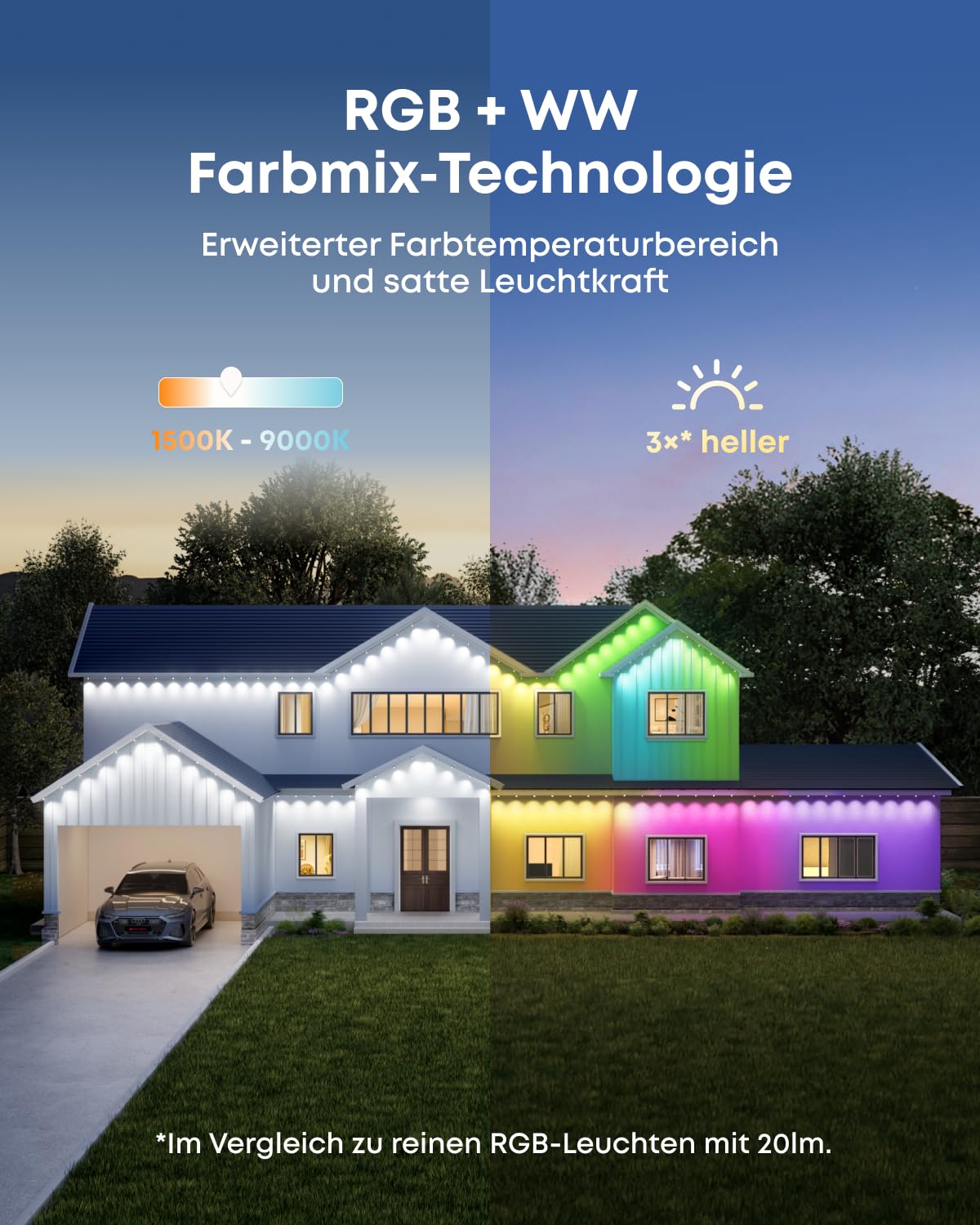 eufy Festinstallierte Outdoor-Lichterkette S4 – 30 m mit 72 LEDs, Radaraktivierte Beleuchtung, IP67 wasserdicht, KI-Stimmungslicht, Steuerung mit eufy-Kameras, Smart-RGBWW für Alltag & Feiertage