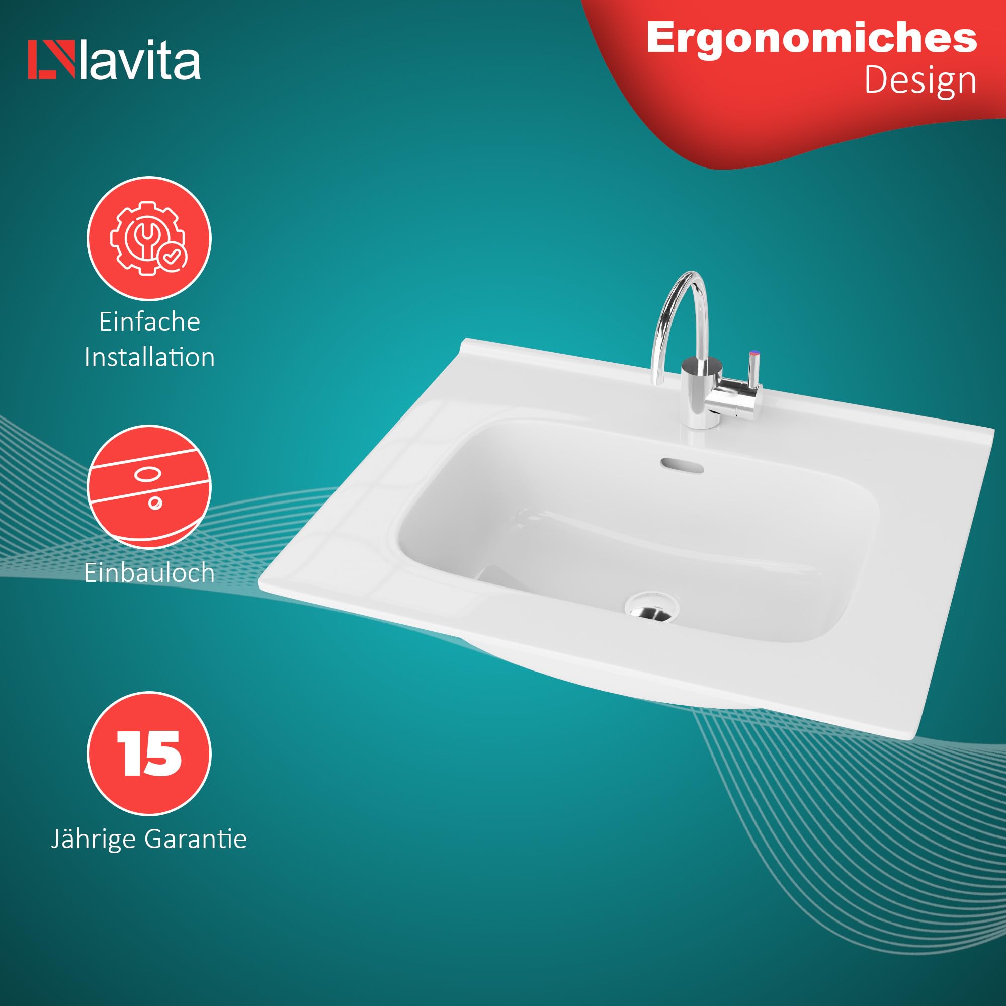 LAVITA Lavabo para muebles Minnesota 600 | Lavabo para muebles | Lavabo con rebosadero y orificio para grifo | de porcelana de alta calidad | lavabo | 61 x 46,5 x 17 cm | blanco brillante