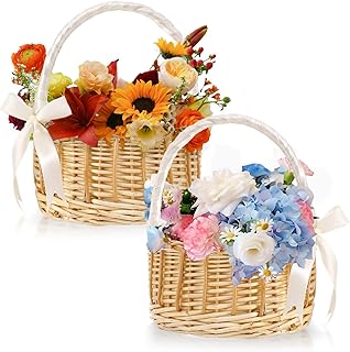 Flower Girl Basket Set of 2, Wicker Rattan Wedding Flower Basket with Ha...