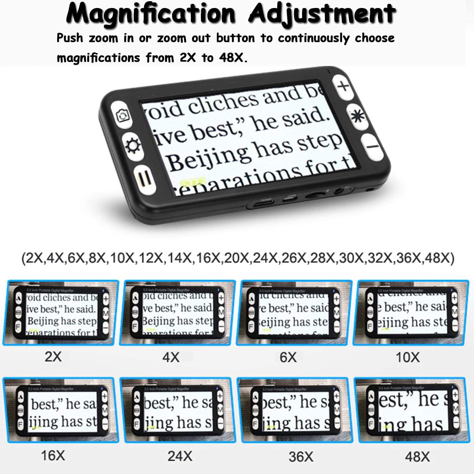 Lupa digital, ayuda de lectura portátil de 5 pulgadas con lente de cámara de enfoque automático, zoom 2X-48X para baja visión, ideal para leer libros y revistas