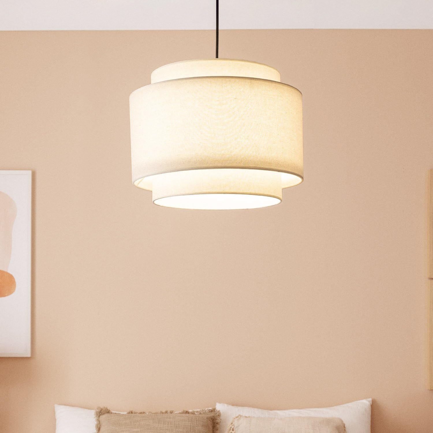 LEDKIA LIGHTING - Lámpara Colgante Arija | Diseño Vintage | Ideal para Salón; Dormitorio y Cocina | Compatible con Bombilla E27 | IP20 | Metal y Tela; Beige
