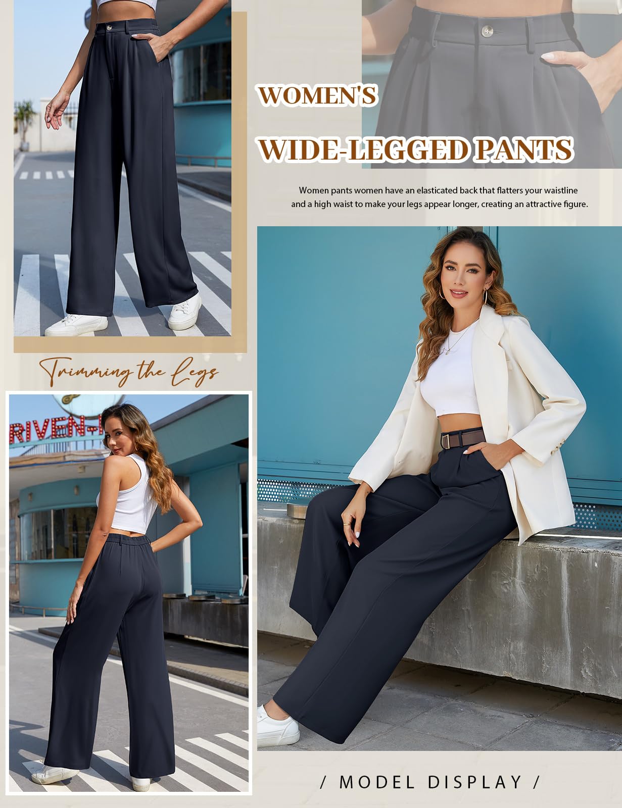 CMTOP Pantaloni Donna Eleganti Pantaloni Leggeri Donna Estivi Vita Alta Pantaloni Lunghi Casual Gamba Dritta Palazzo Tinta Unita Morbidi Pantaloni Larghi Comodi Pantalone con Tasche