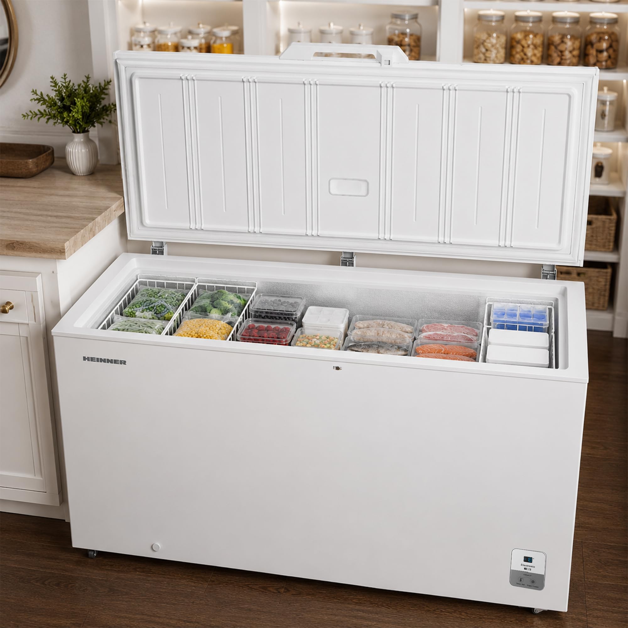 HCF‑HS500EE++ – Gefriertruhe 500 L – Energieeffizienzklasse E – Elektronisch gesteuert, LED‑Display & Innenbeleuchtung, Schnellgefrierfunktion, Weiß - Jahre Garantie
