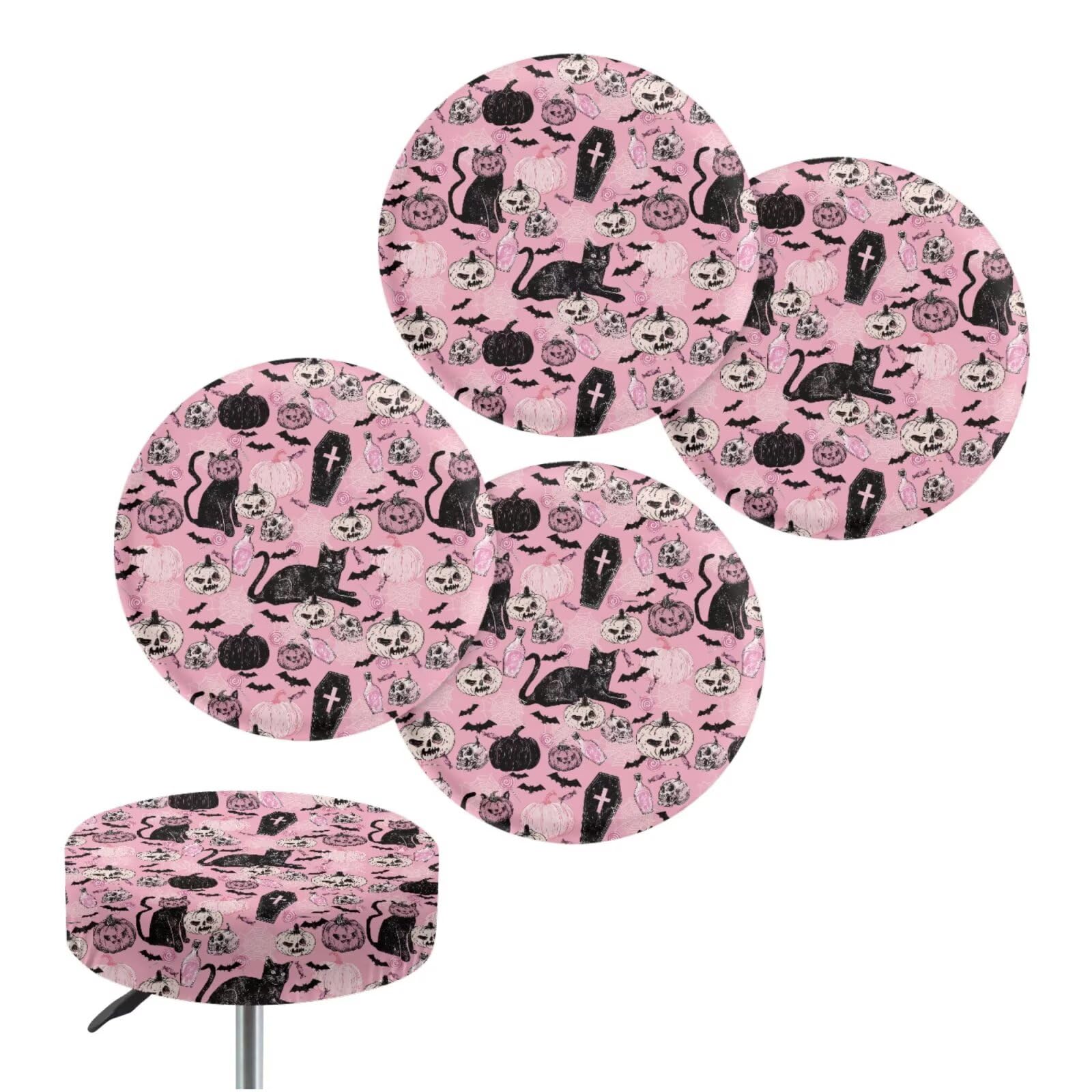 Fiqyvagox Halloween 4 Pack Round Bar Stool Seat Covers Crease Resistant Seat Cover with Elastic Bands Soft Chairs Stool Slipcovers for Bar Home, Cat