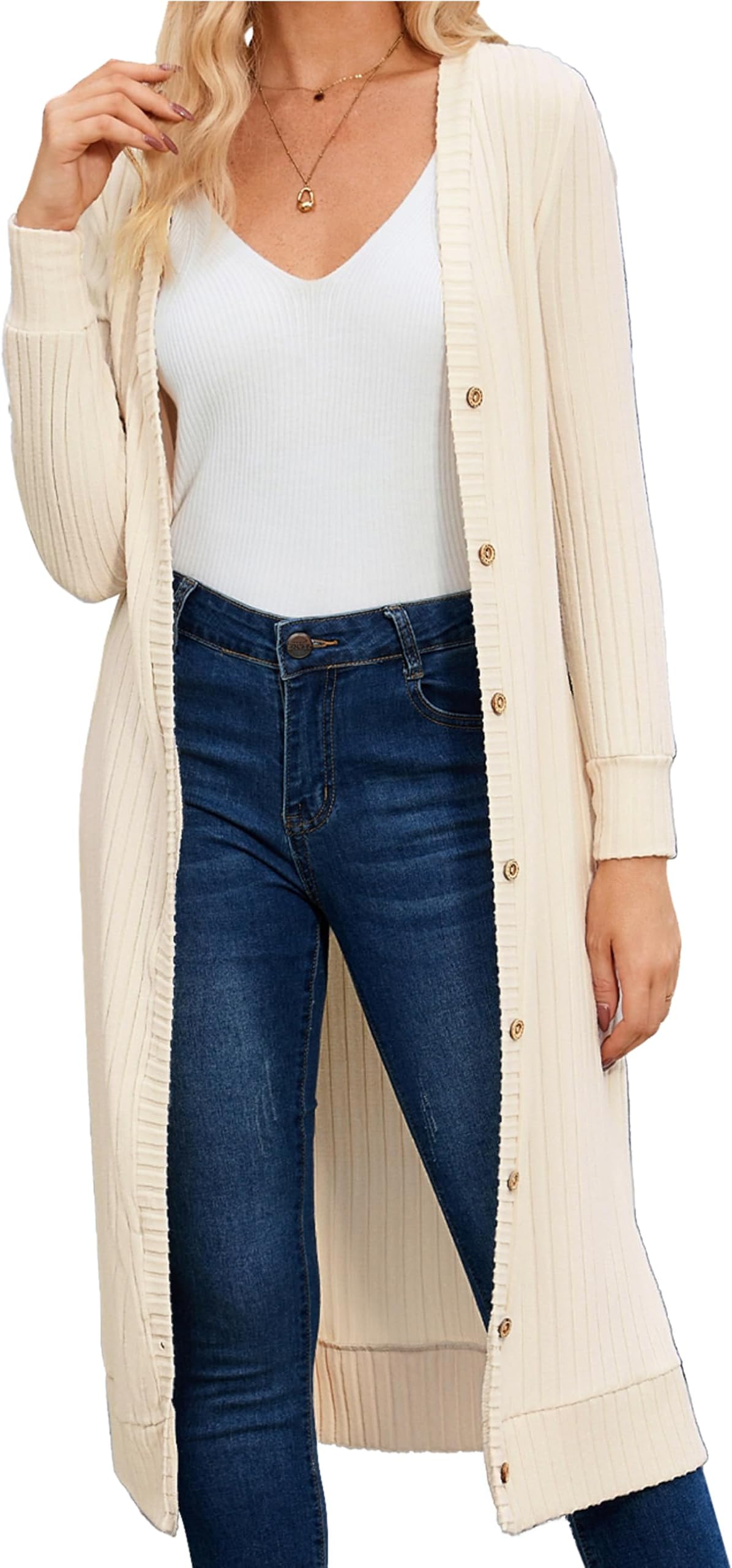 MAKABO Women's Long Cardigans Lightweight, V Neck Knit Button Front Sweaters with Pockets Trendy Outfits for Business Casual