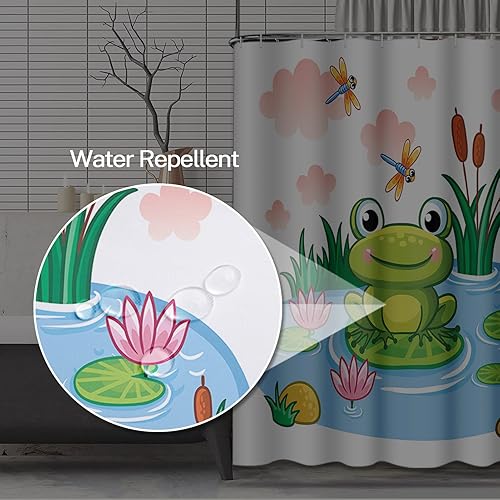 Miniatura 4 de Emvency Cortina de ducha azul con dibujos animados de rana sentada en estanque estilo infantil lago con animales coloridos bebé tela de poliéster