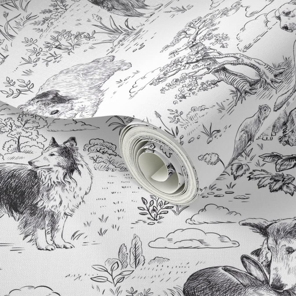 Spoonflower Peel & Stick Wallpaper 3ft x 2ft - Country Dogs Toile Black White Traditional Farmhouse Novelty Custom Removable Wallpaper