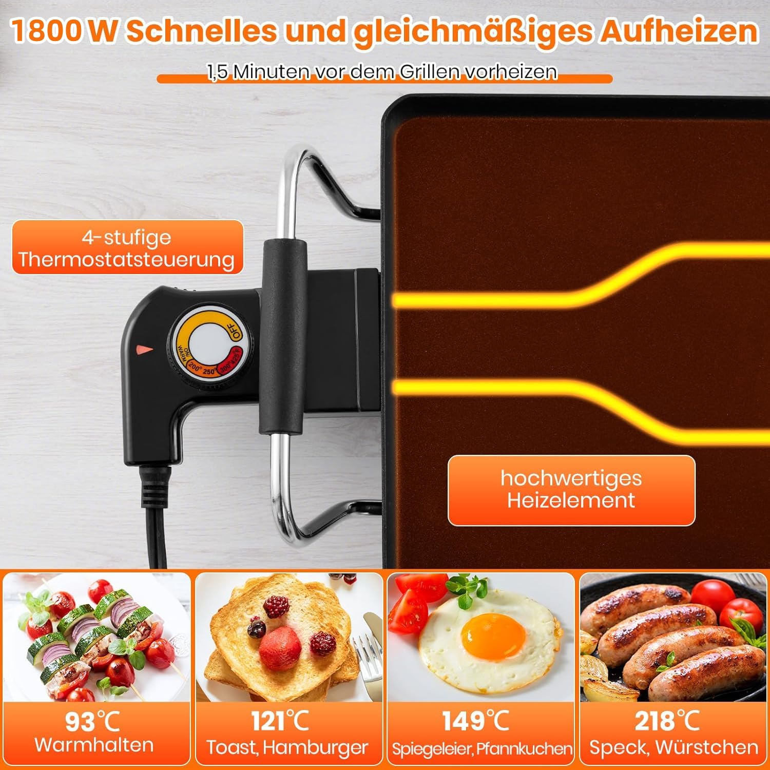 RELAX4LIFE Tischgrill elektrisch, 100 x 22 cm extra lange Teppanyaki-/Plancha-Grillplatte, Elektrogrill mit Antihaftbeschichtung & 4-stufige Temperaturregelung, 1800W, für BBQ, Familienessen, Partys